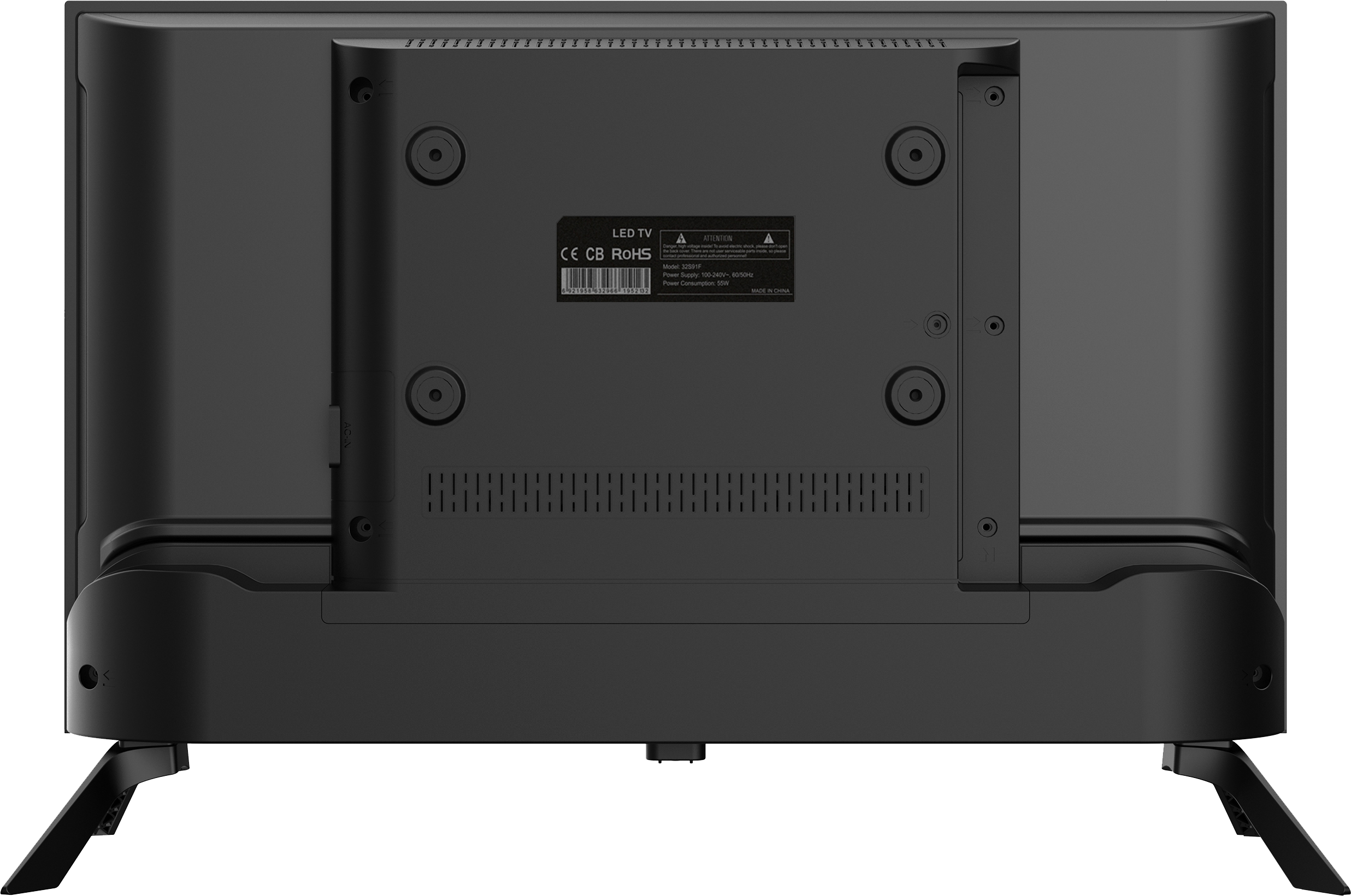 Tył czarnego telewizora LED. Posiada etykietę z modelem i szczegółami zasilania. Nogi wychodzą od dołu.