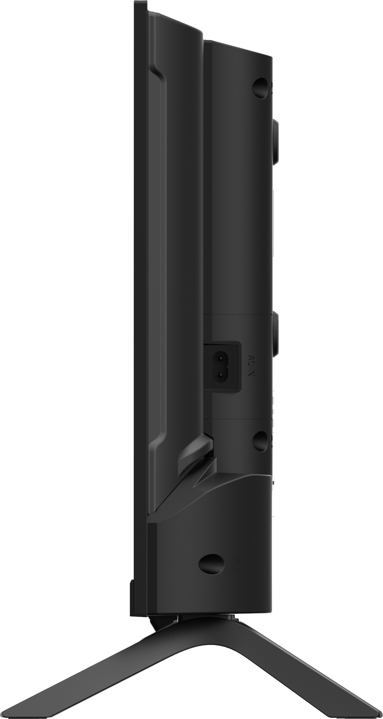Czarny widok z boku telewizora. Ma podstawę i porty do zasilania i innych połączeń. Tło jest białe.