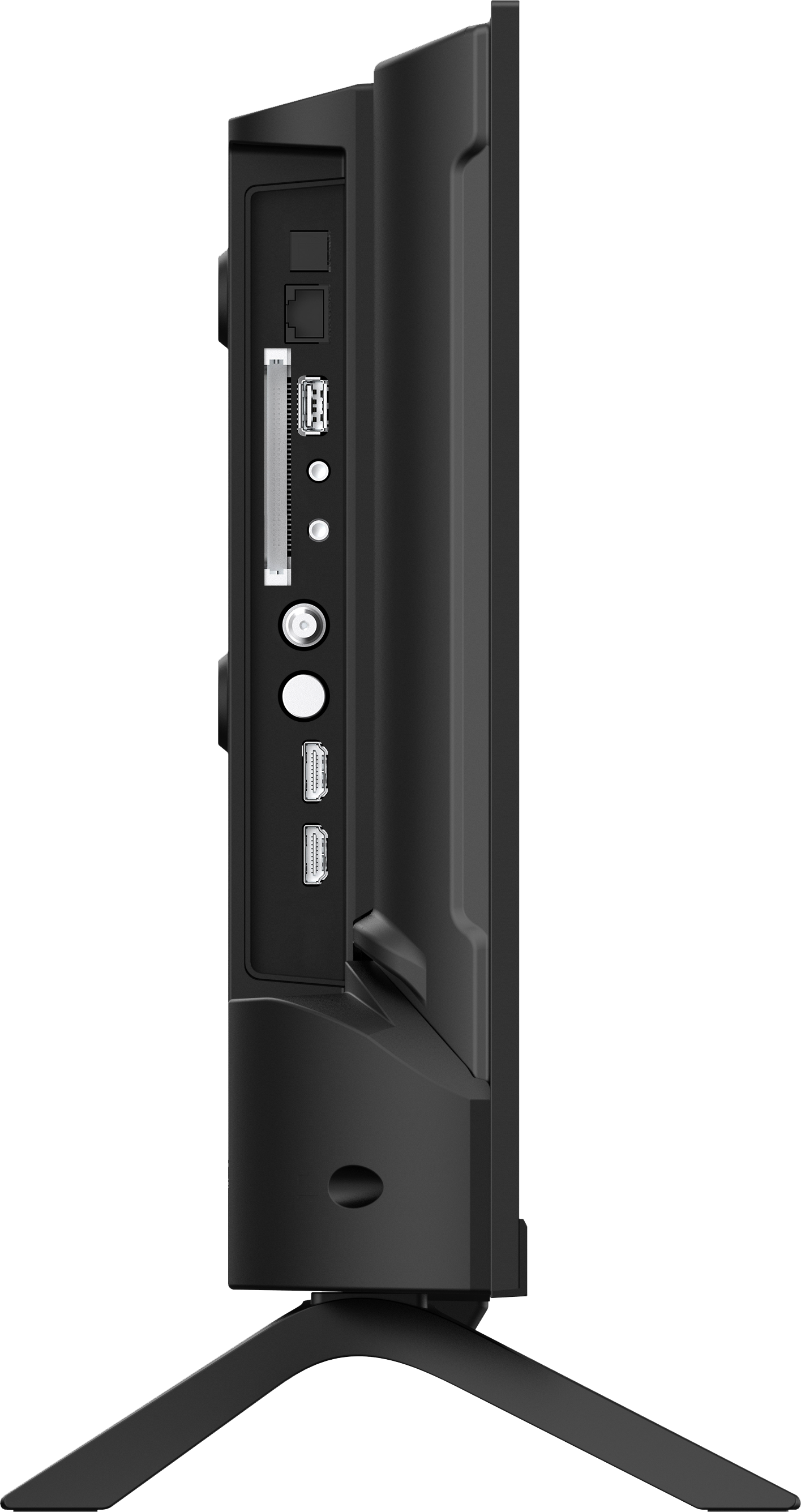 Widok z boku czarnego telewizora. Widoczne porty to USB, HDMI i inne. Ma podstawę i czarne tło.