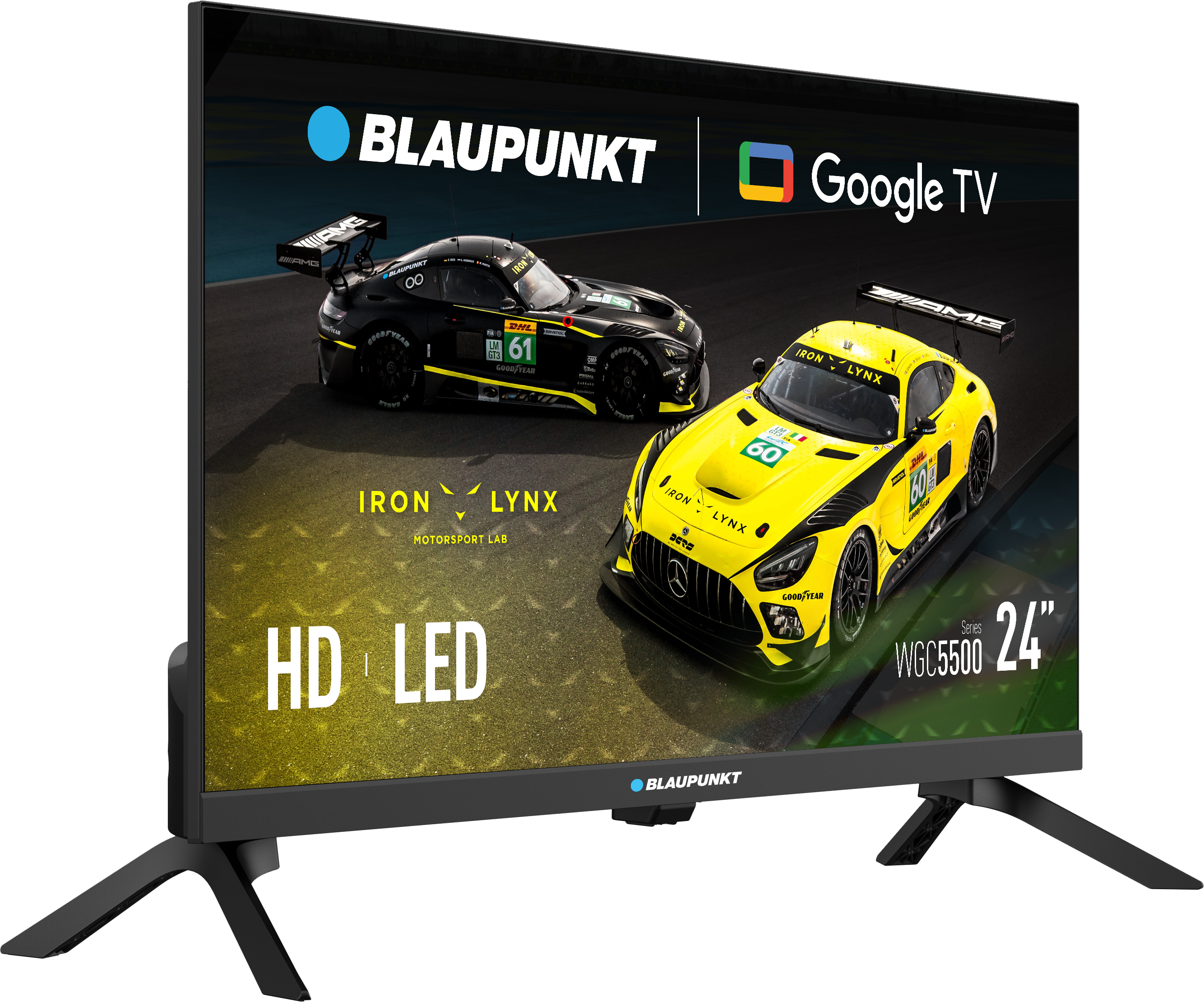 Telewizor wyświetla dwa samochody wyścigowe: czarny i żółty. Telewizor pokazuje Blaupunkt, Google TV, Iron Lynx, HD LED i WGC5500 24".