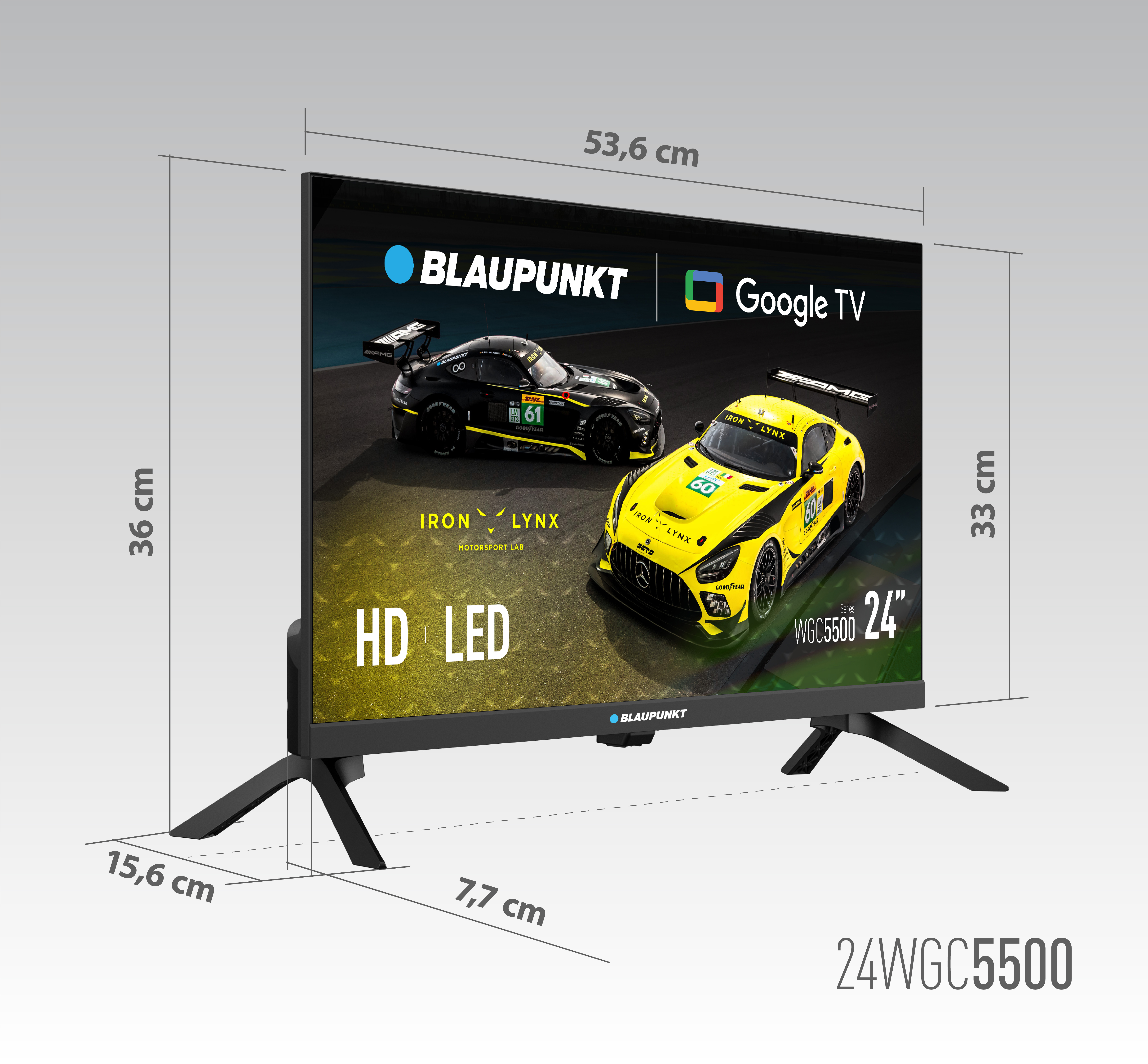 24-calowy telewizor Blaupunkt wyświetla samochody wyścigowe. Ma Google TV i HD LED. Wymiary są pokazane wokół telewizora.