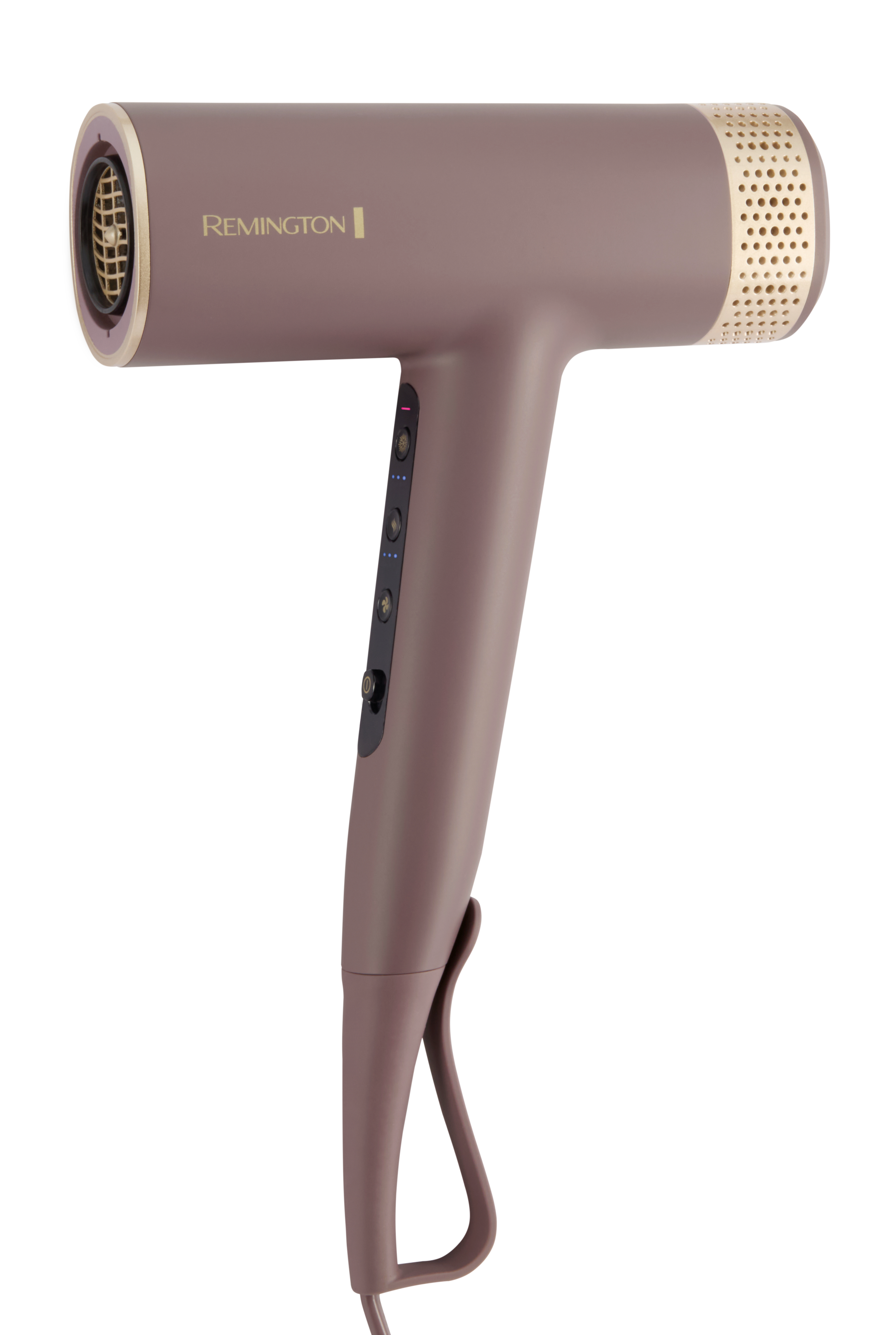 Ein mauvefarbener Remington-Haartrockner auf weißem Hintergrund. Er hat goldfarbene Akzente und mehrere Bedienknöpfe.