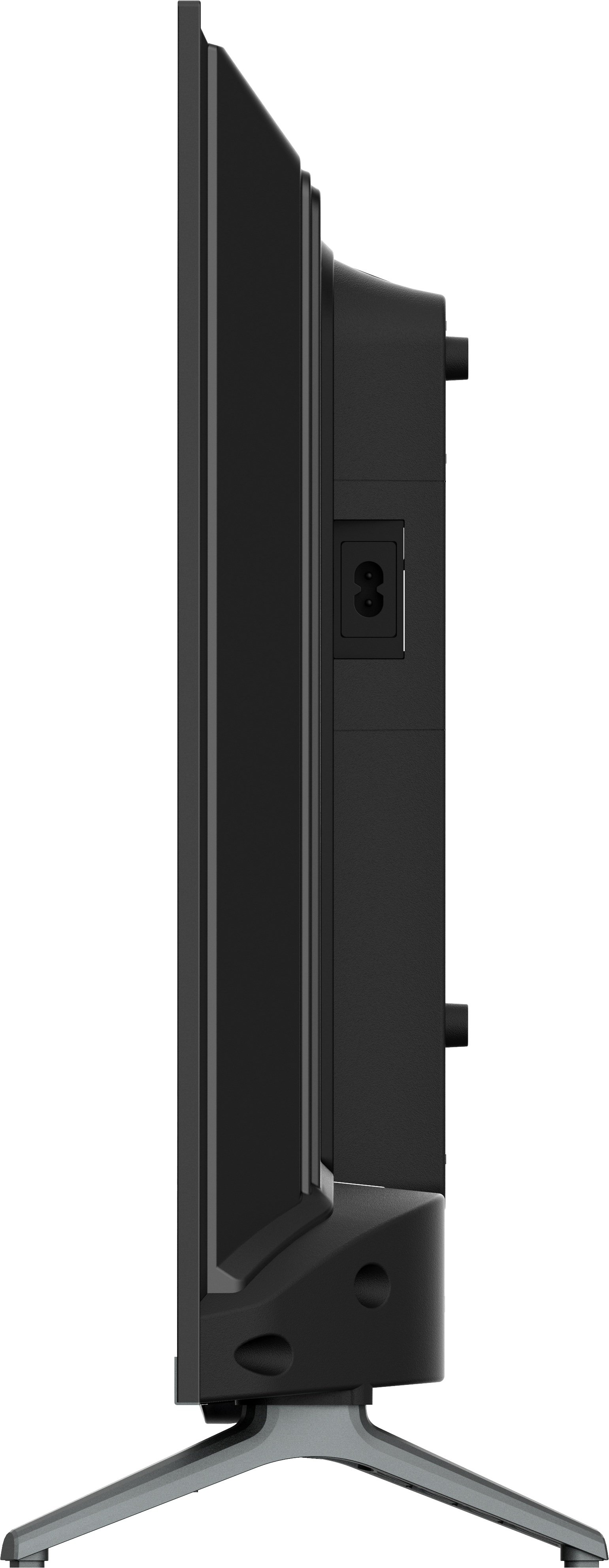 Widok z boku czarnego telewizora. Ma port zasilania i podstawkę. Ekran jest ciemny.