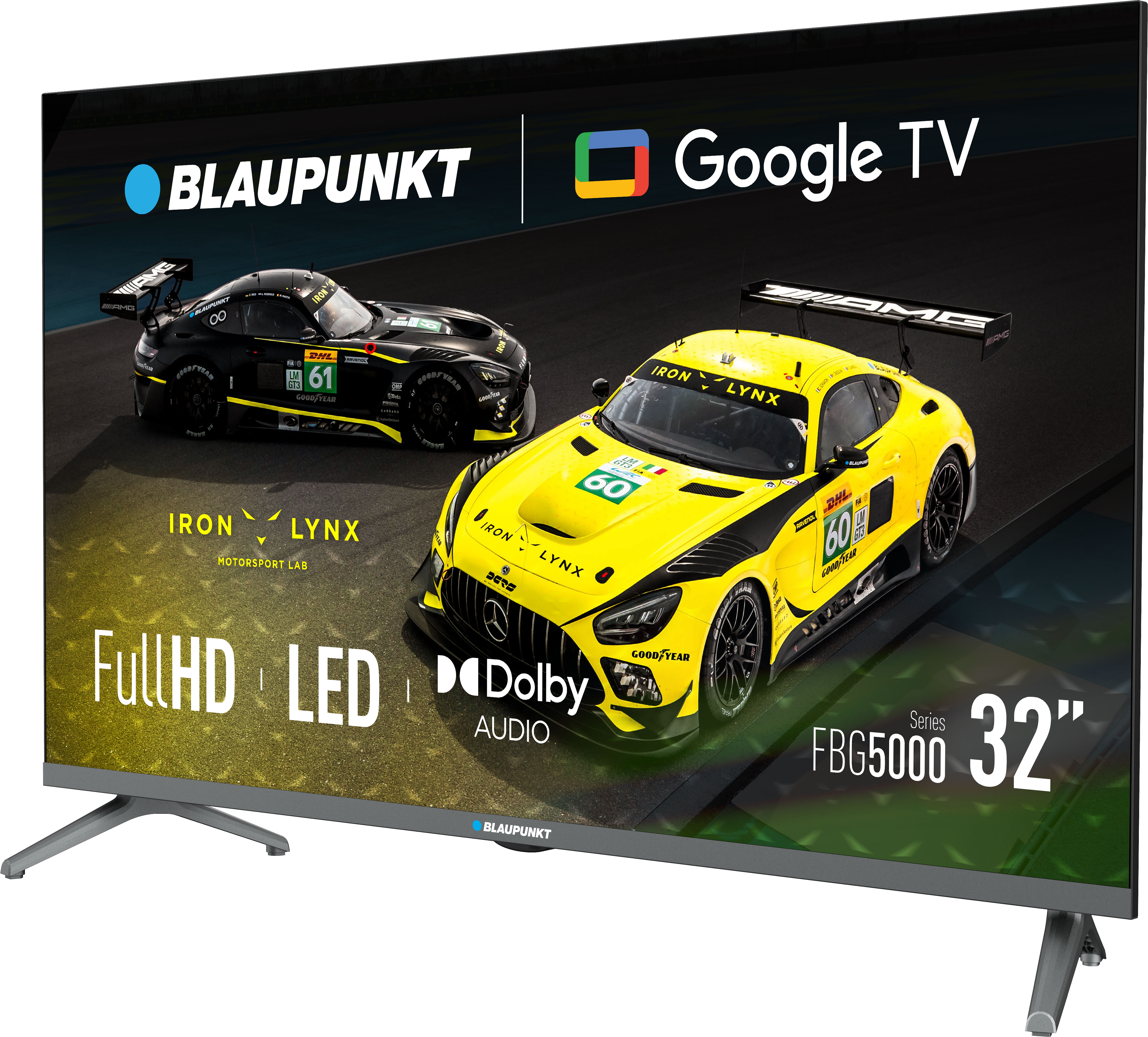 Telewizor Blaupunkt wyświetla dwa samochody wyścigowe: czarny i żółty. Telewizor ma logo Google TV, Full HD LED i Dolby Audio.