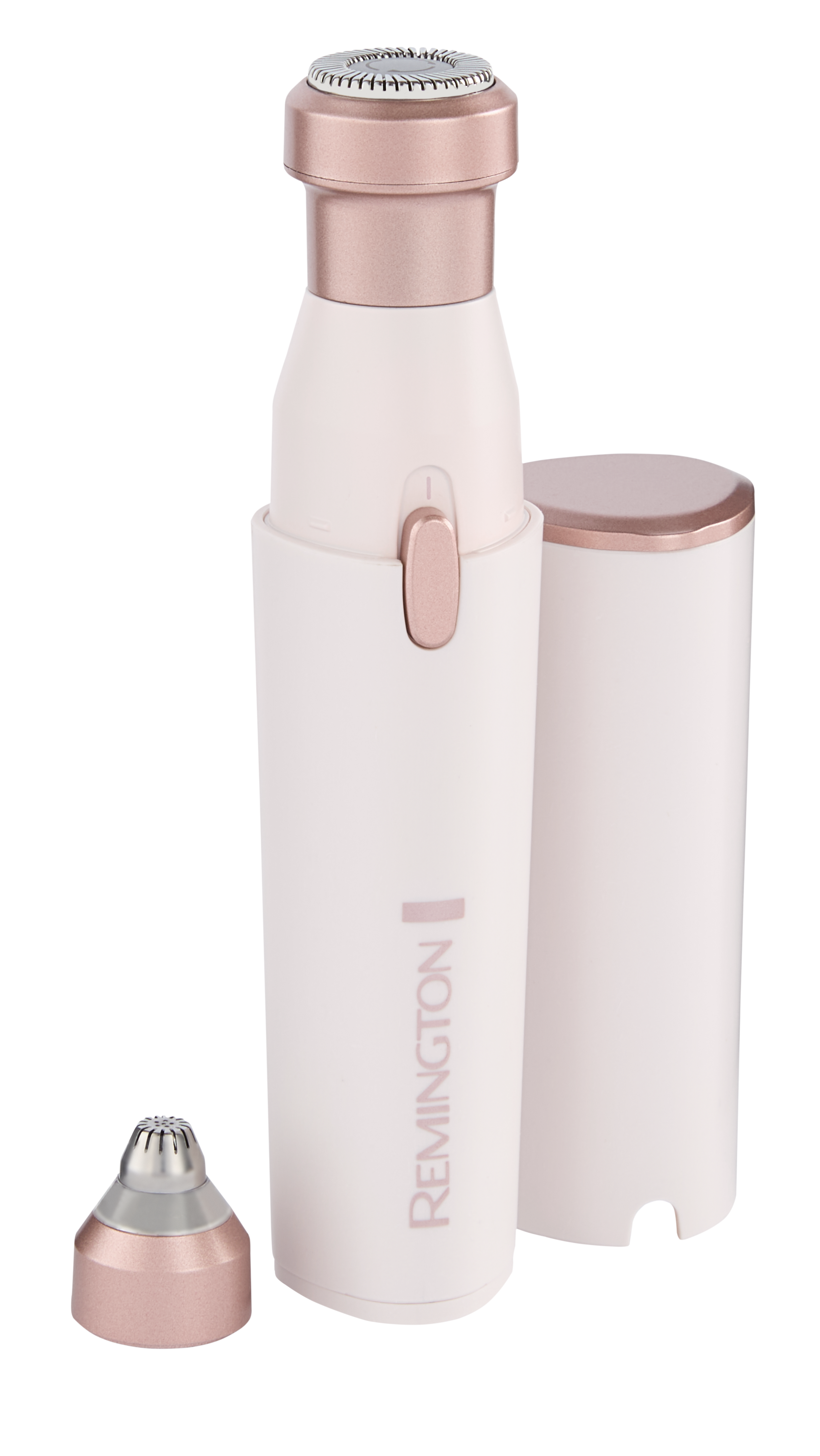 Ein weißer und roségoldener Remington-Gesichtshaarentferner. Er hat einen abnehmbaren Kopf, eine Schutzkappe und das Remington-Logo.