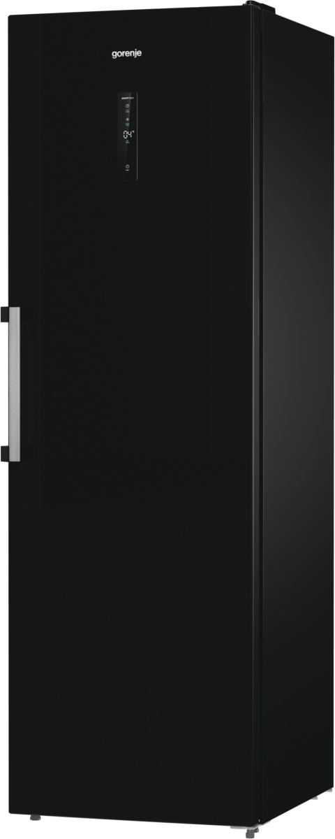 Czarna zamrażarka Gorenje. Ma uchwyt, wyświetlacz cyfrowy i nazwę marki. Jest wysoka i lekko pochylona.