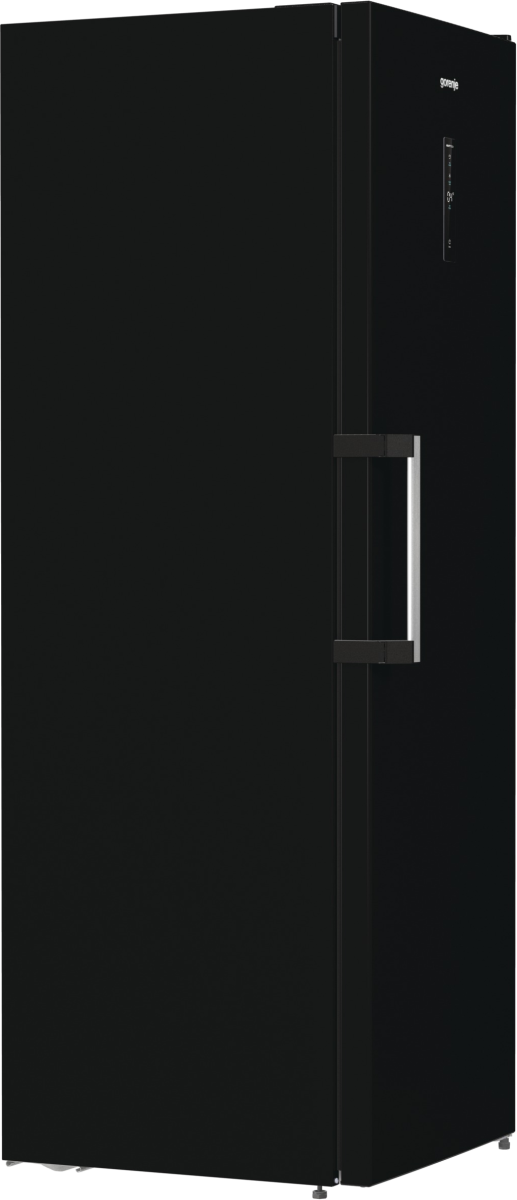 Czarna lodówka z uchwytem i wyświetlaczem cyfrowym. Widoczna nazwa marki Gorenje.