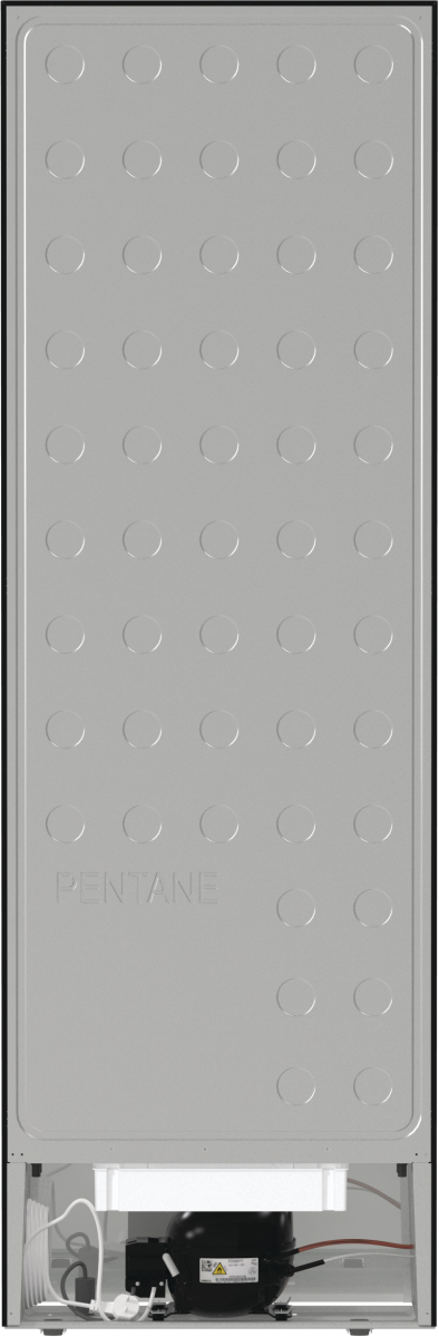 Tył lodówki. Szary panel z okrągłymi wgłębieniami. Na dole czarny kompresor i białe rury.