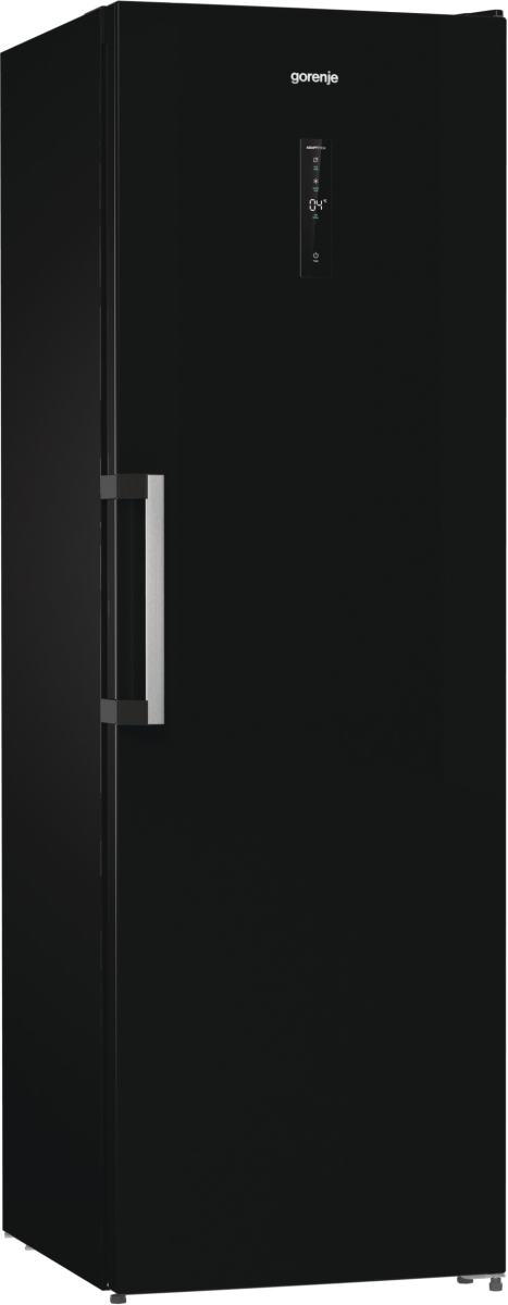 Czarna lodówka Gorenje. Ma srebrną rączkę i cyfrowy wyświetlacz pokazujący 04 stopnie. Drzwi są zamknięte.