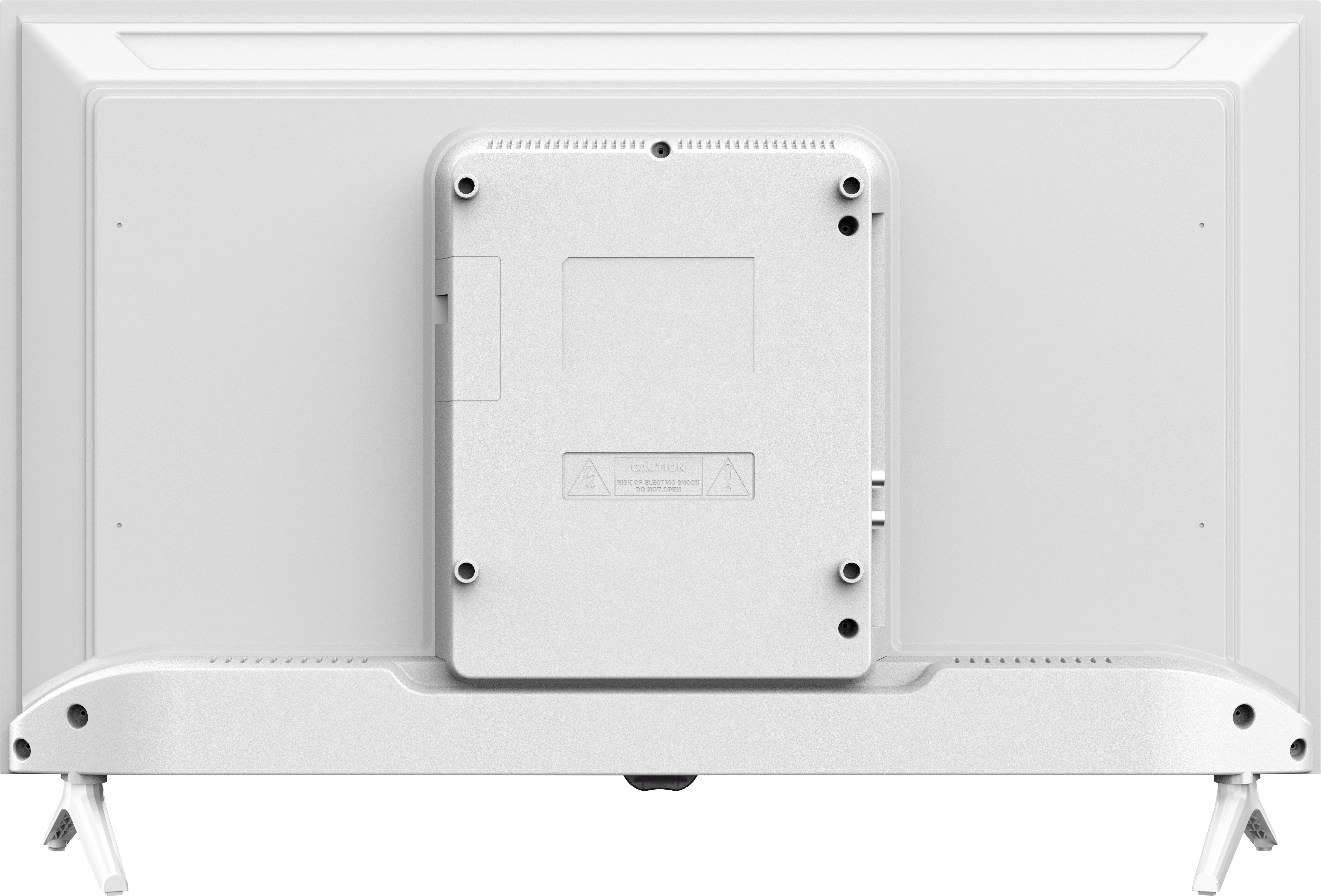 Tył białego telewizora. Posiada centralną płytę montażową, porty połączeniowe i dwie nogi podporowe.