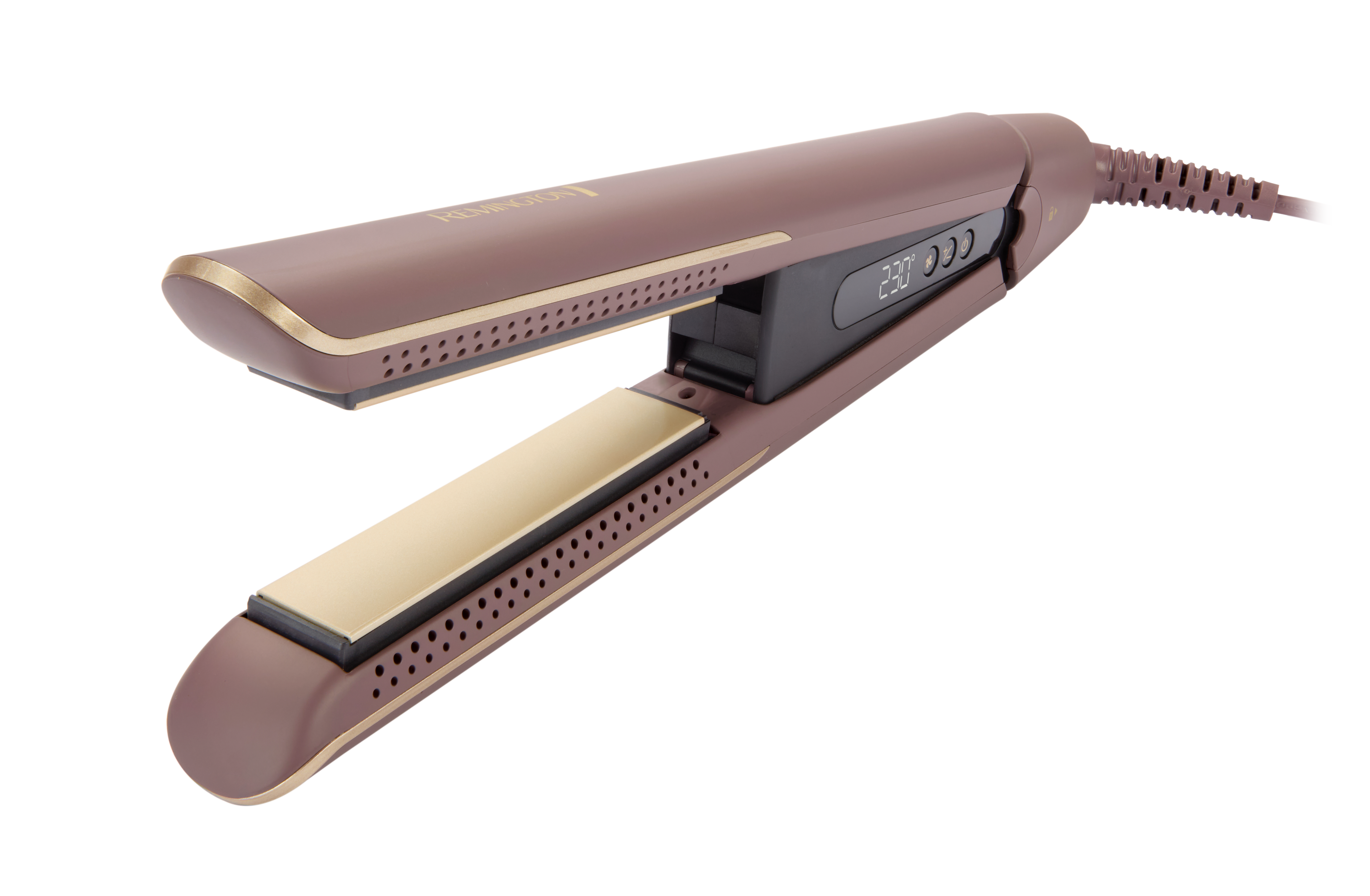 Ein braunes und goldenes Remington-Glätteisen. Die Platten sind geöffnet. Die Digitalanzeige zeigt 230. Ein Kabel erstreckt sich vom Gerät.