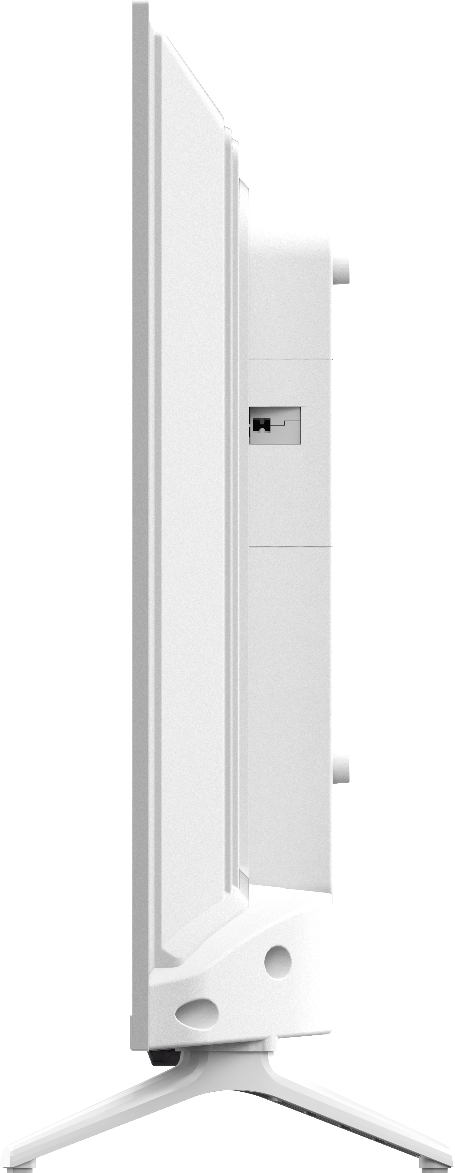 Biały widok z boku telewizora. Ekran po lewej, ze stojakiem i tylnym panelem po prawej. Tło czarne.