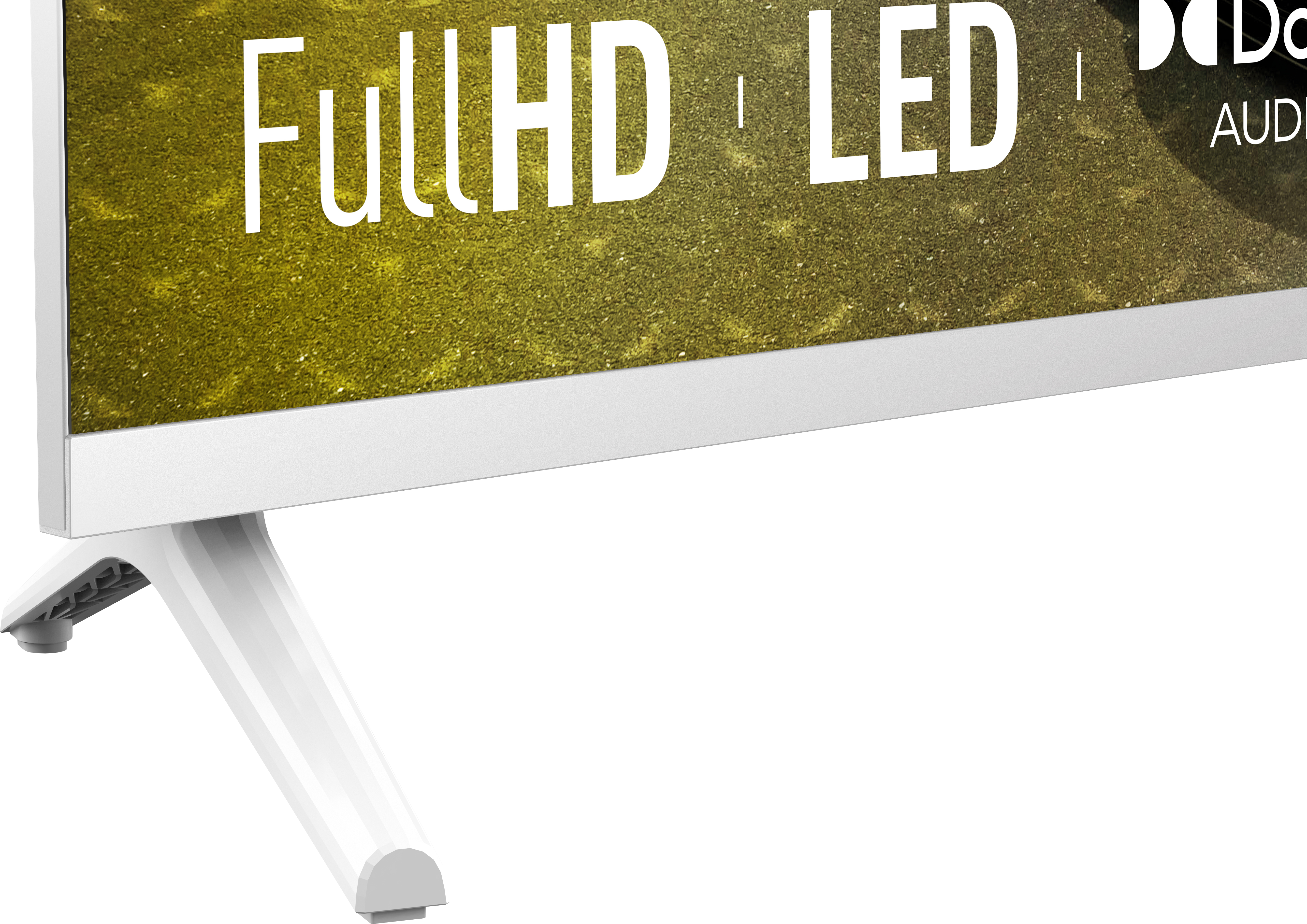 Biała podstawa pod telewizor podtrzymuje telewizor. Ekran wyświetla 'FullHD LED'. Tło to teksturowana zielona powierzchnia.