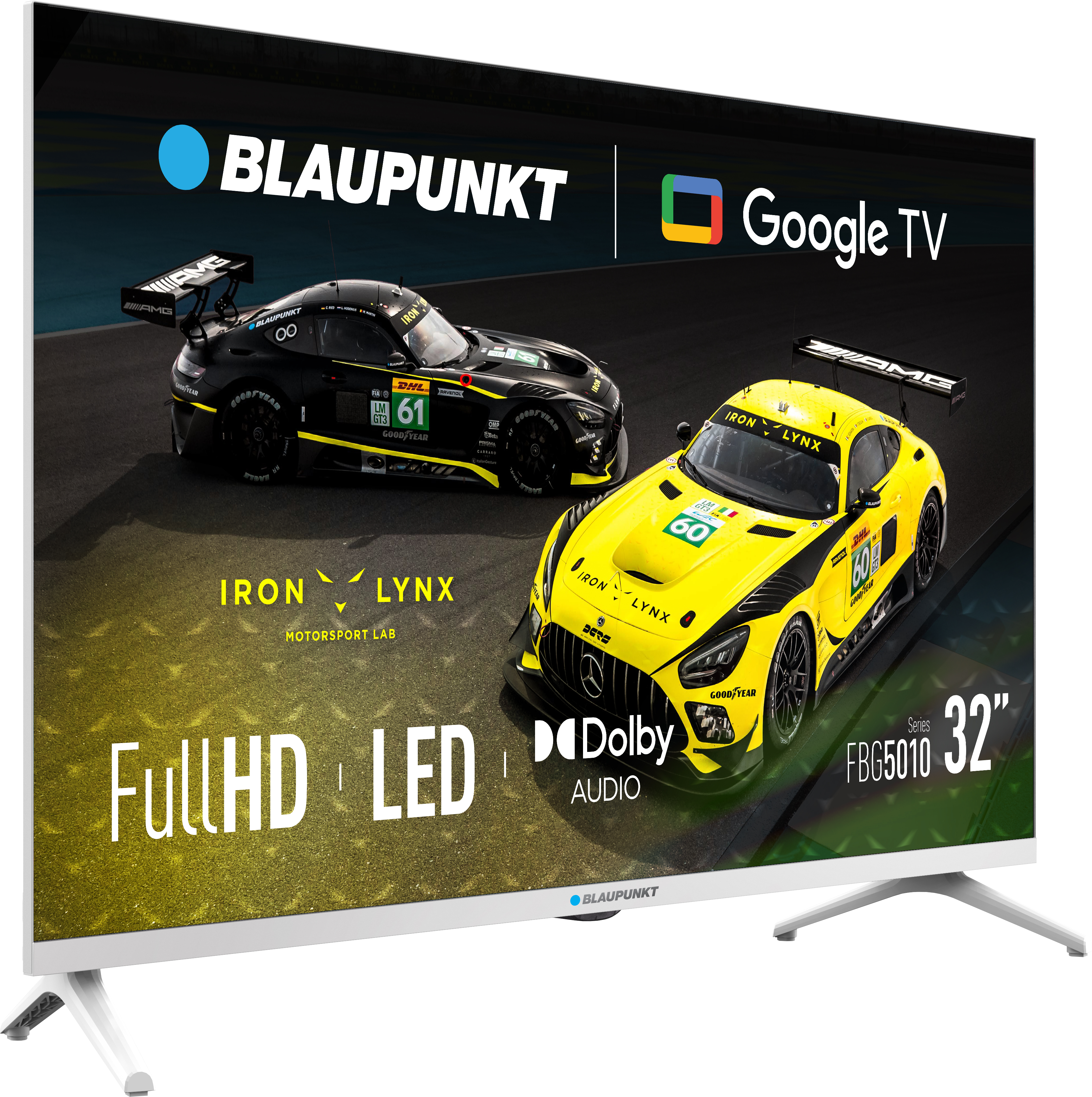 Telewizor Blaupunkt wyświetla dwa samochody wyścigowe. Jeden jest czarny, drugi żółty. Telewizor jest biały z ekranem 32 cale.