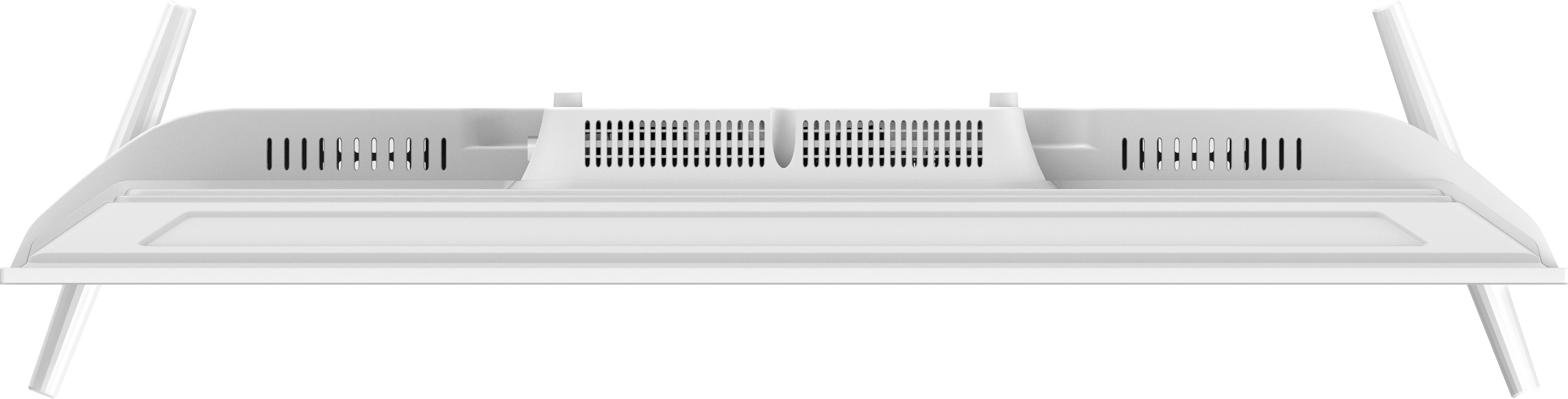 Biała konstrukcja przypominająca biurko z wieloma prostokątnymi otworami wentylacyjnymi i nogami podporowymi. Tło jest czarne.