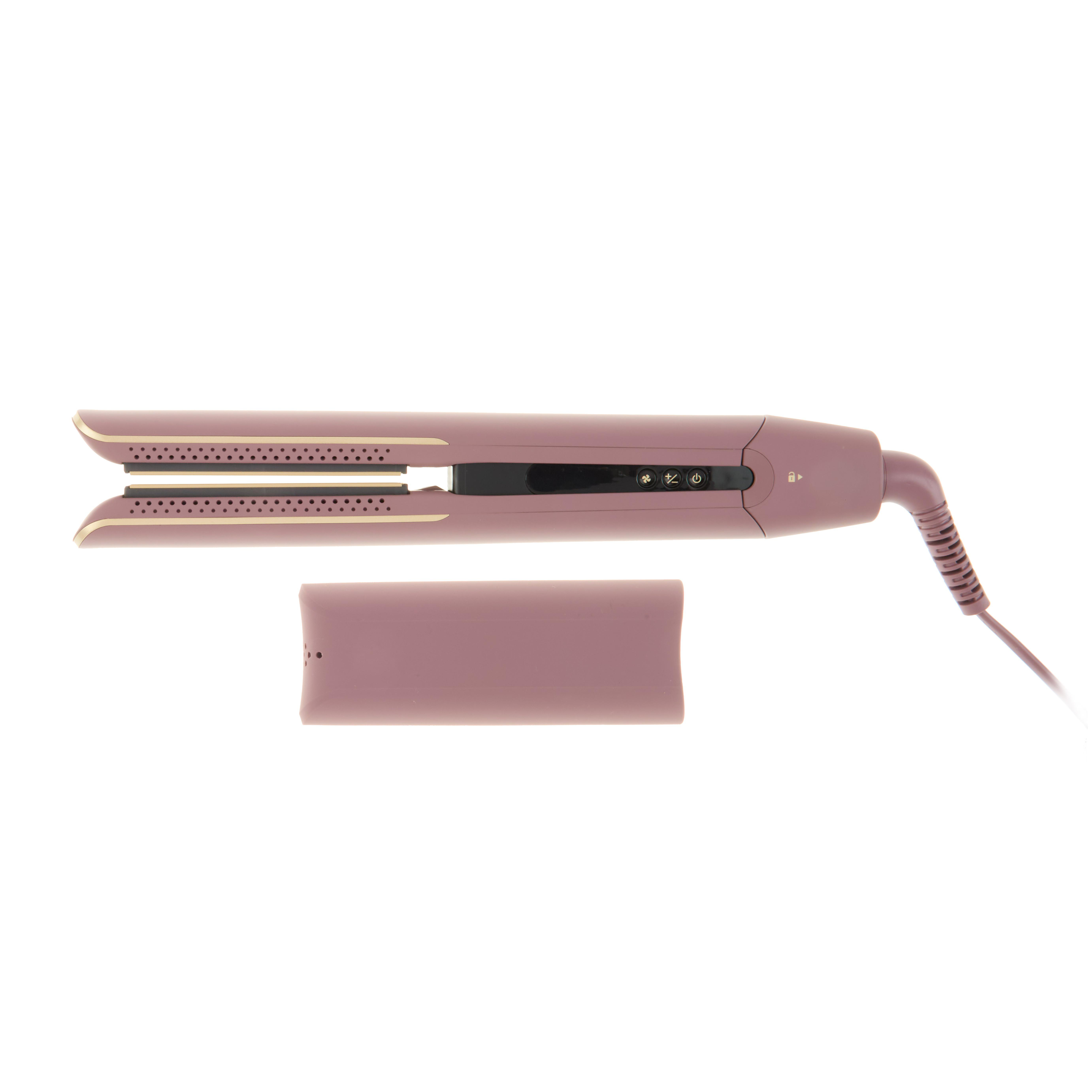 Ein rosa Haarglätter mit passendem Etui liegt auf einer weißen Oberfläche, ein Netzkabel geht nach rechts ab.