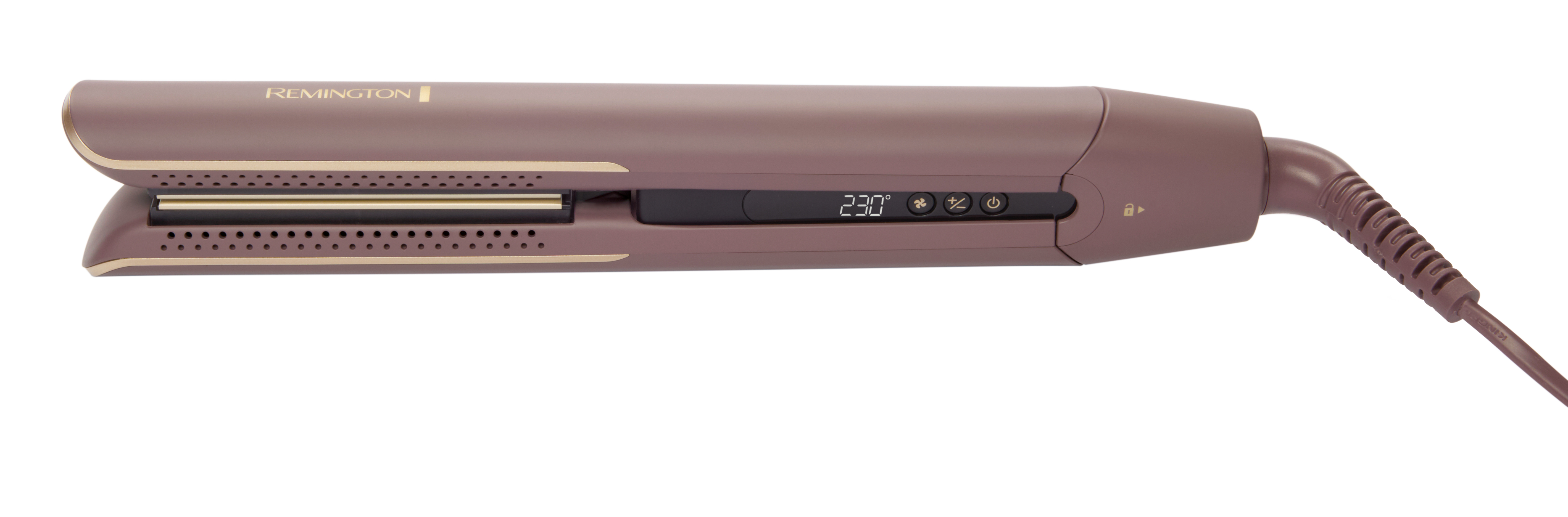 Ein Remington Haarglätter, braun mit goldenen Akzenten, zeigt 230 Grad an. Das Kabel ist befestigt.