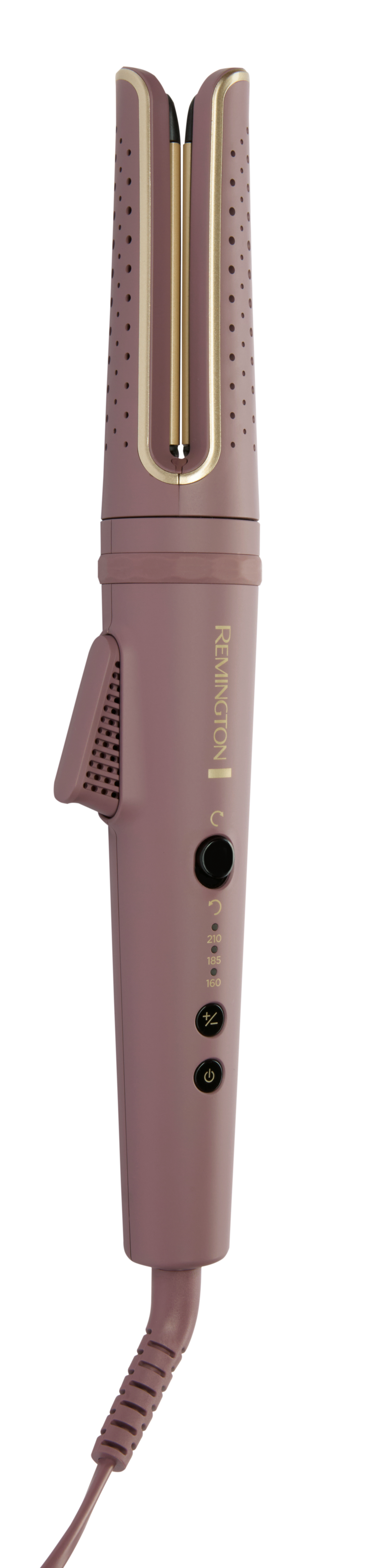Ein mauvefarbener Remington-Haarstyler. Er hat einen goldfarbenen Innenbereich. Ein Ein-/Ausschalter und Temperatureinstellungen sind sichtbar.