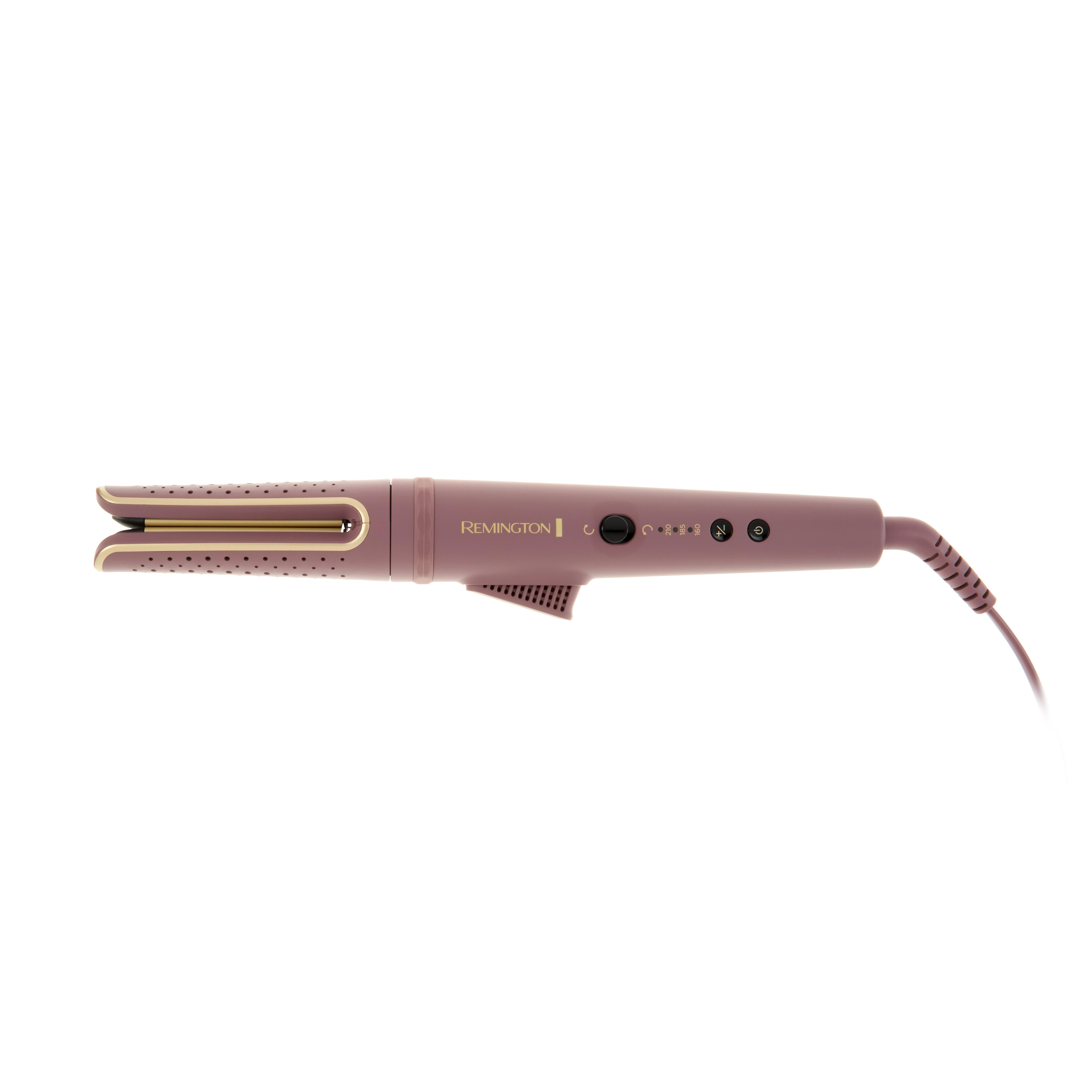 Ein rosa Remington-Haarcurler vor weißem Hintergrund. Es hat einen Ein-/Ausschalter und Temperatureinstellungen.