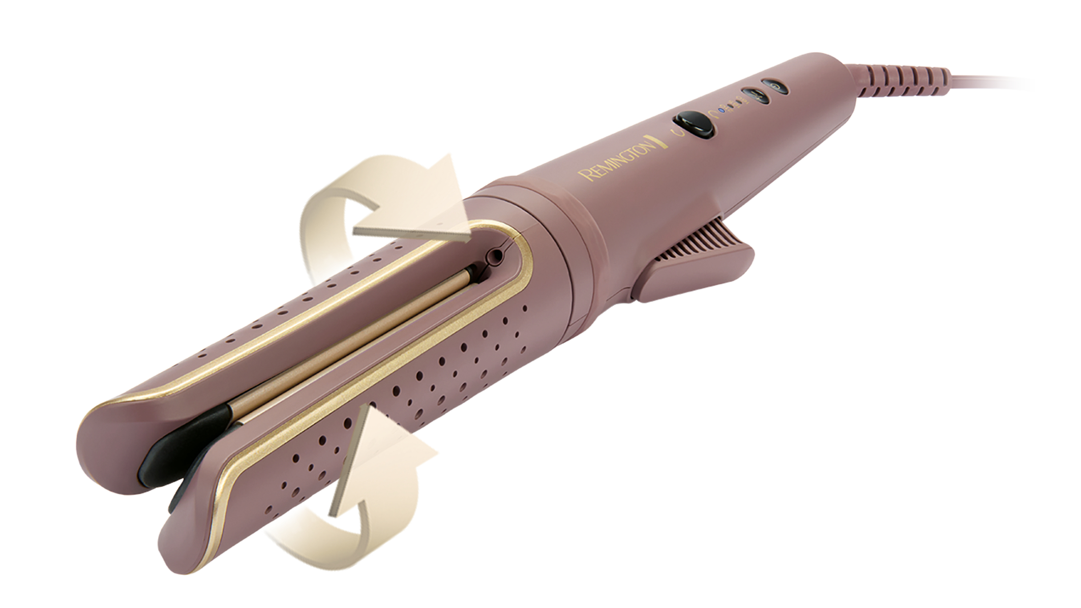 Ein Remington-Haarstyler. Der Styler ist malvenfarben mit goldenen Akzenten und hat einen schwarzen Knopf und ein Netzkabel.