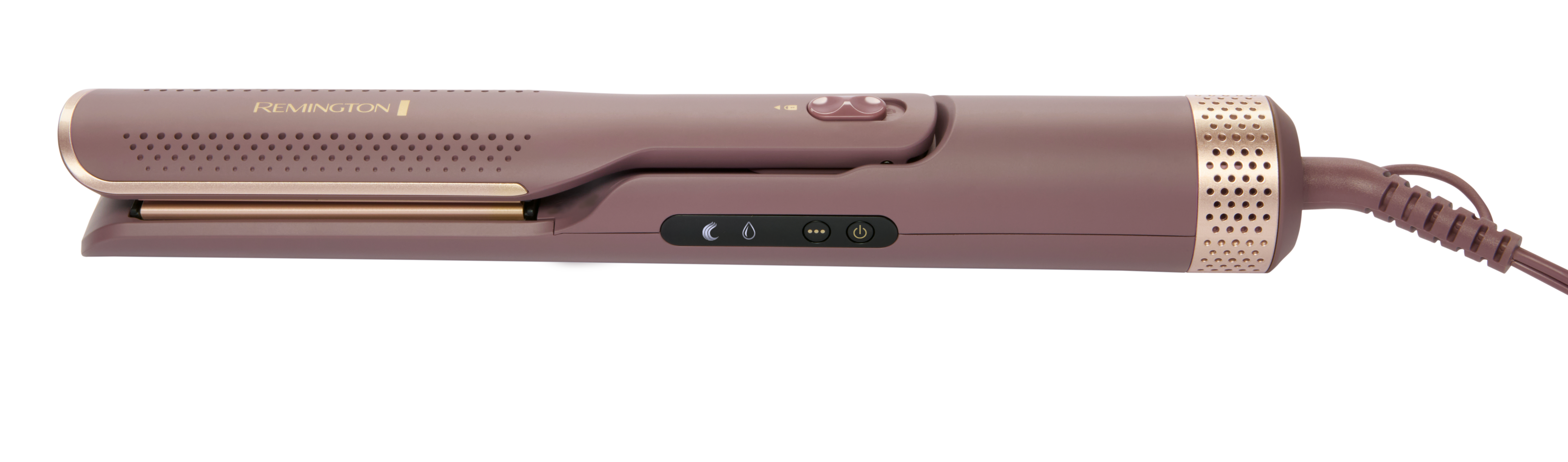 Nahaufnahme eines Remington-Haarglätters. Es ist malvenfarben mit goldenen Akzenten und einem schwarzen Ein- / Aus-Schalter. Das Kabel ist braun.