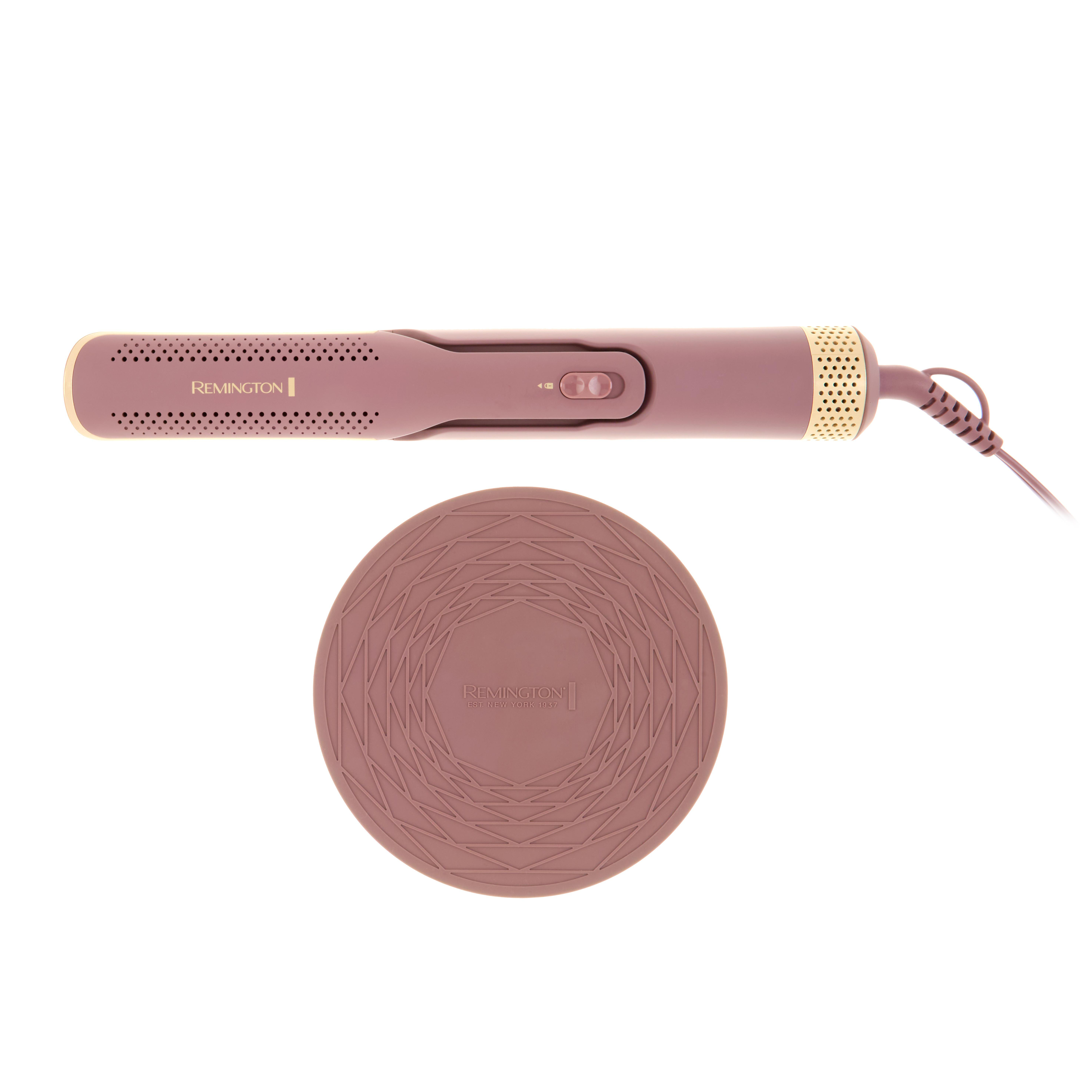 Ein mauvefarbener Remington-Haarstyler und eine passende Matte befinden sich auf weißem Hintergrund. Der Styler und die Matte sind neu.