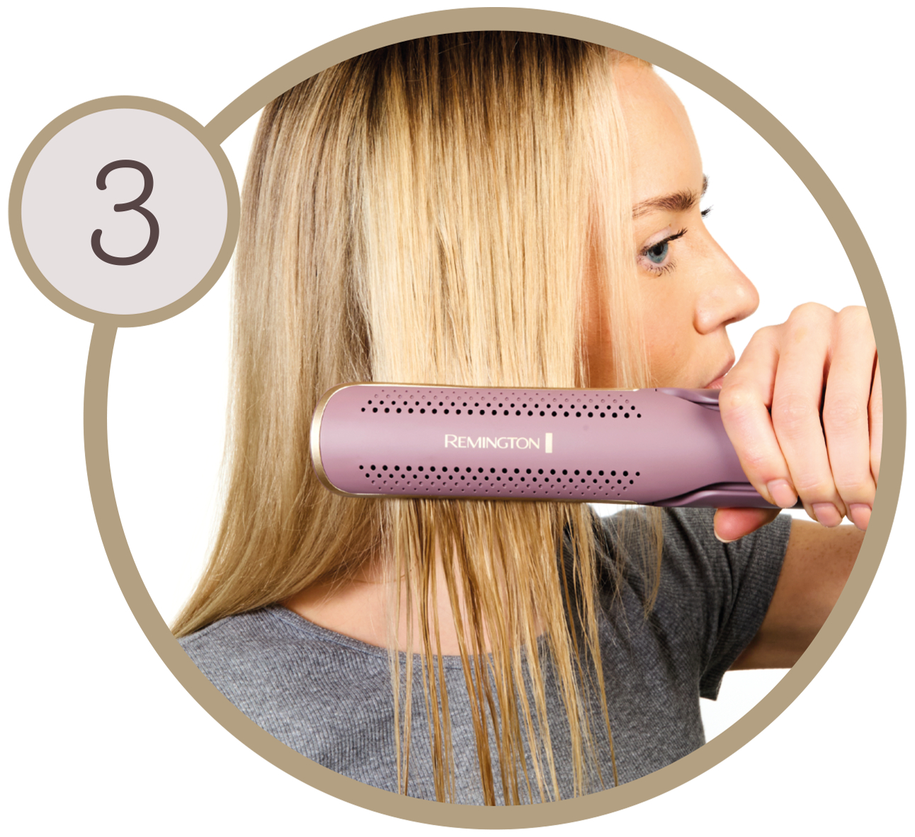 Eine Frau glättet ihr blondes Haar mit einem Remington-Glätteisen. Das Bild ist von einem kreisförmigen Rahmen mit der Zahl 3 umgeben.