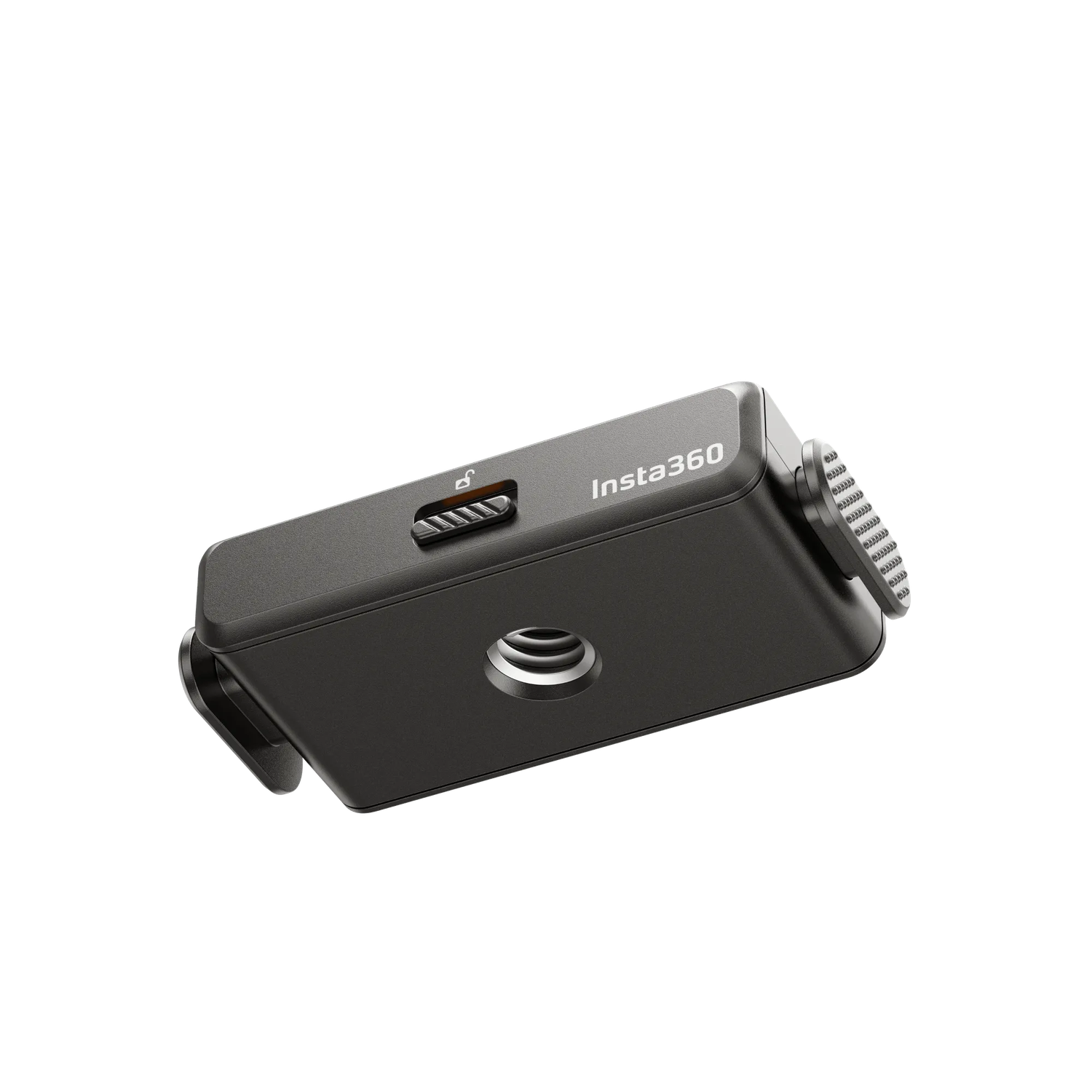 Een donkergrijze Insta360 camerasteun is geïsoleerd op een zwarte achtergrond. Het heeft een schroef en een knop. Het Insta360 logo is zichtbaar.