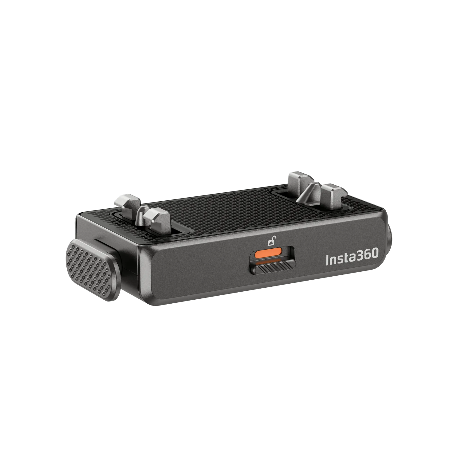 Een zwarte Insta360 camerabevestiging. Het heeft metalen onderdelen, een textuuroppervlak en een oranje schuif. Insta360 staat erop.