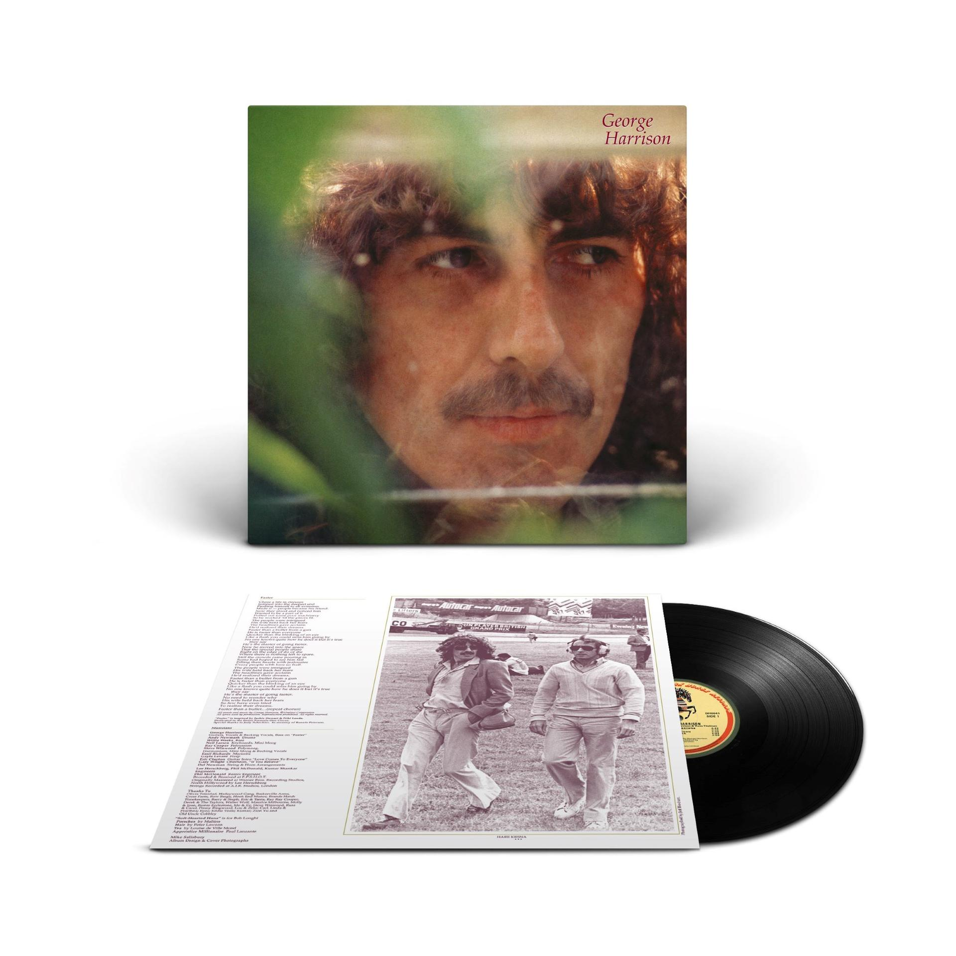 Albumcover von George Harrison. Das Cover zeigt sein Porträt. Darunter befindet sich ein Albumcover mit zwei Männern, die auf einem Feld gehen, und eine schwarze Schallplatte.