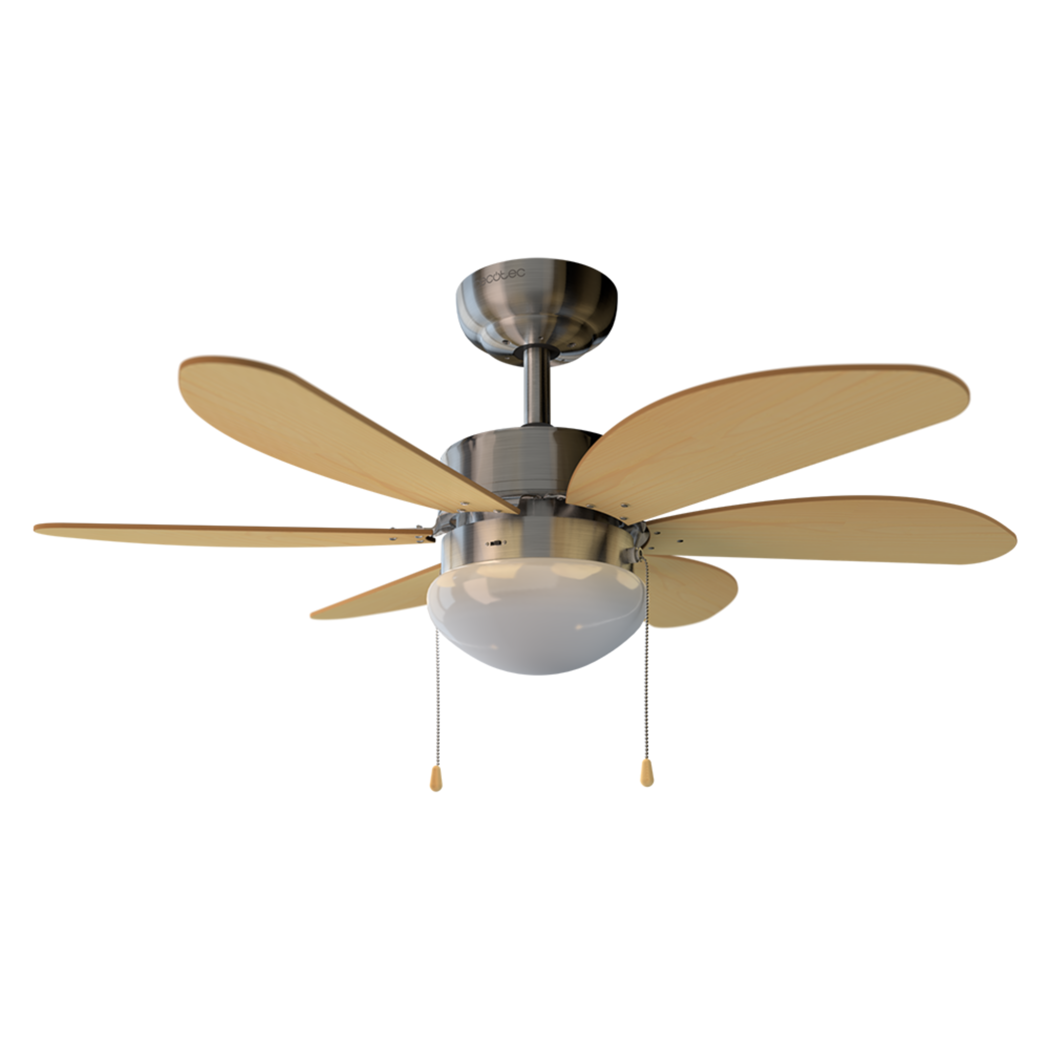Ventilador de techo con cinco aspas de madera, una luz central y cadenas de tracción. El ventilador está sobre un fondo negro.