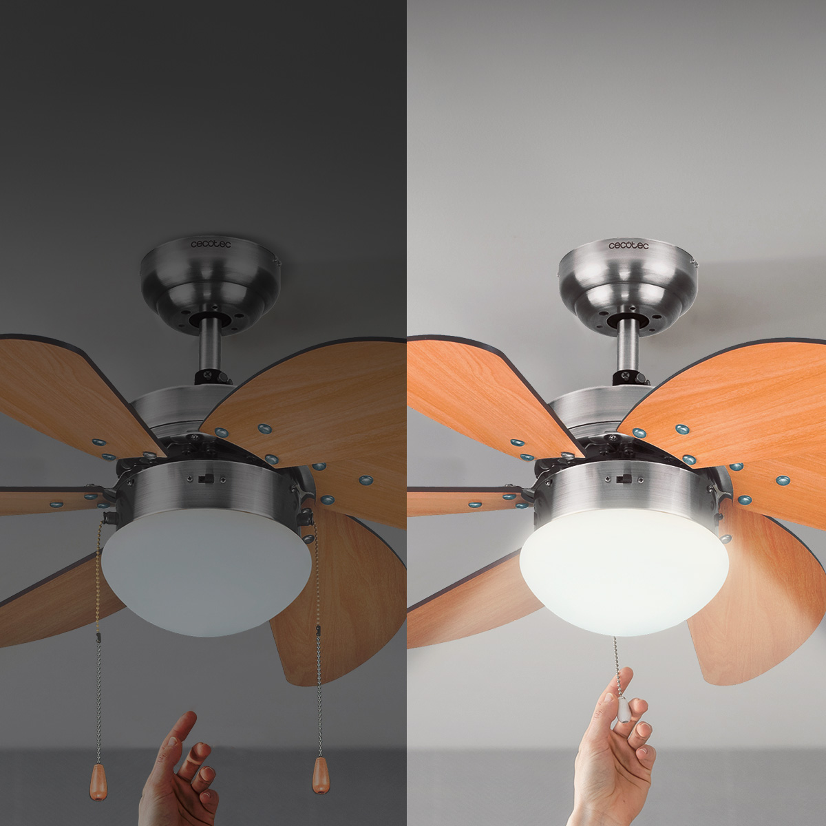 Una mano tira de una cadena para encender un ventilador de techo con luz. El ventilador tiene aspas de madera y una base de metal.