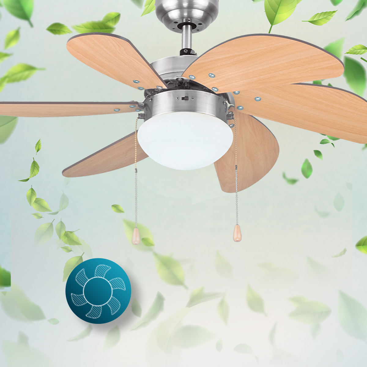 Ventilador de techo con aspas de madera y luz central. Hojas verdes esparcidas alrededor. Un icono azul de un ventilador en la esquina.