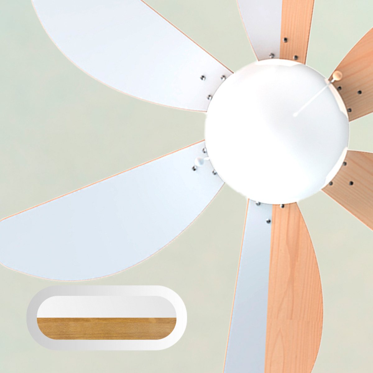Ventilador de techo con aspas blancas y de madera. El centro es blanco y el fondo es un degradado verde claro. Una muestra está en la parte inferior.