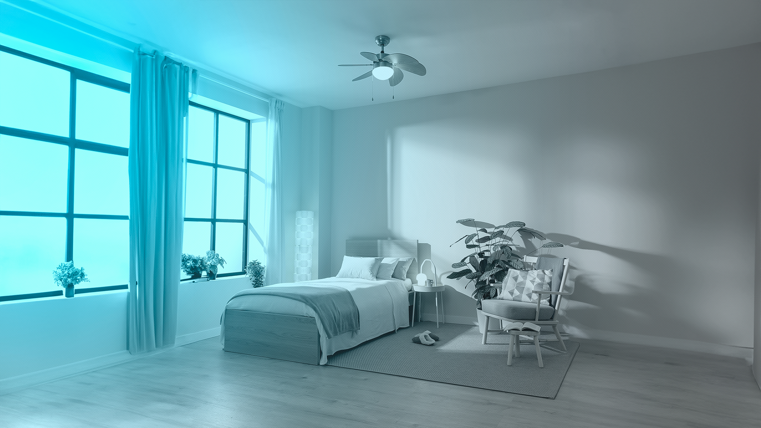 Dormitorio con cama, ventana grande, ventilador de techo, sillón y plantas. Esquema de color azul claro. Suelo de madera.