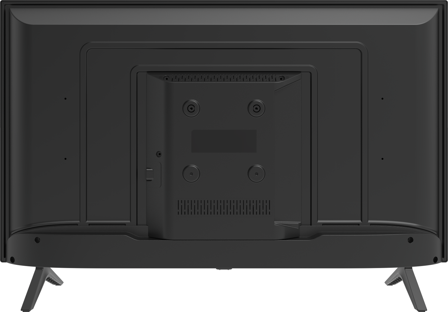 Czarny tył telewizora z uchwytem montażowym, portami i wentylacją. Dwie nogi podtrzymują telewizor na dole.