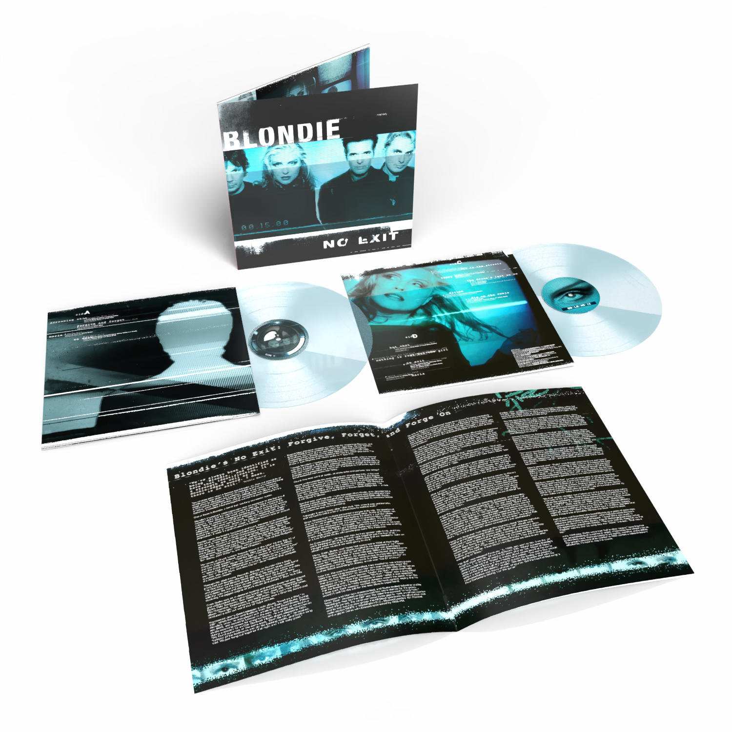Album "No Exit" von Blondie. Albumcover, Schallplatten und Booklet auf weißer Oberfläche. Blau getöntes Design.