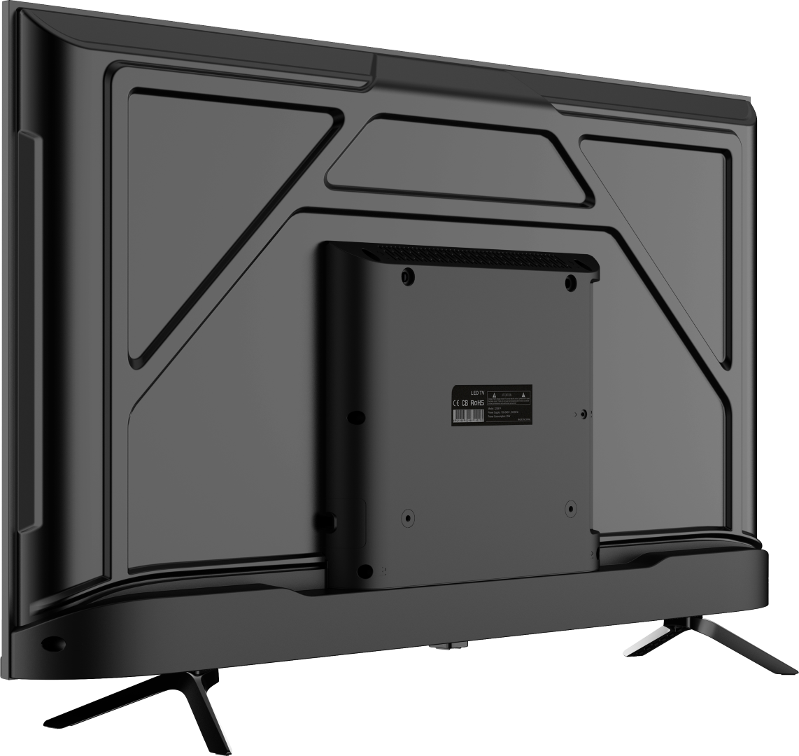 Widok z tyłu czarnego telewizora LED. Ma kształt prostokąta, ze stojakiem. Tył ma centralny moduł z etykietami.