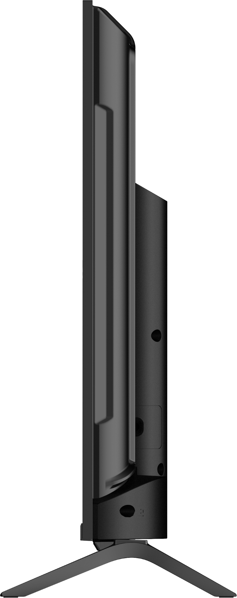 Widok z boku czarnego telewizora. Ekran jest cienki, z grubszą tylną obudową z portami. Czarny stojak podtrzymuje telewizor.