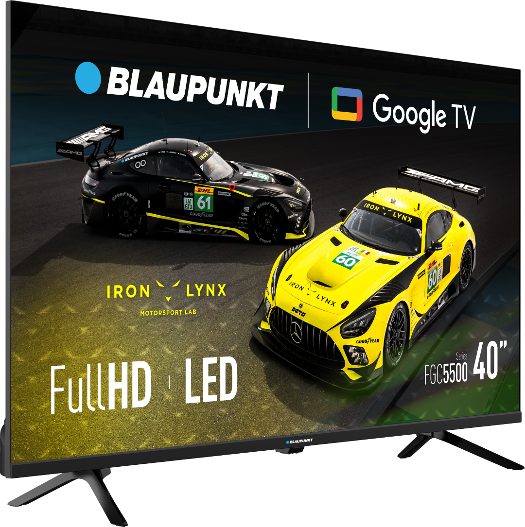 Ekran telewizora przedstawia dwa samochody wyścigowe: czarny i żółty. Ekran wyświetla loga: Blaupunkt, Google TV, Iron Lynx.