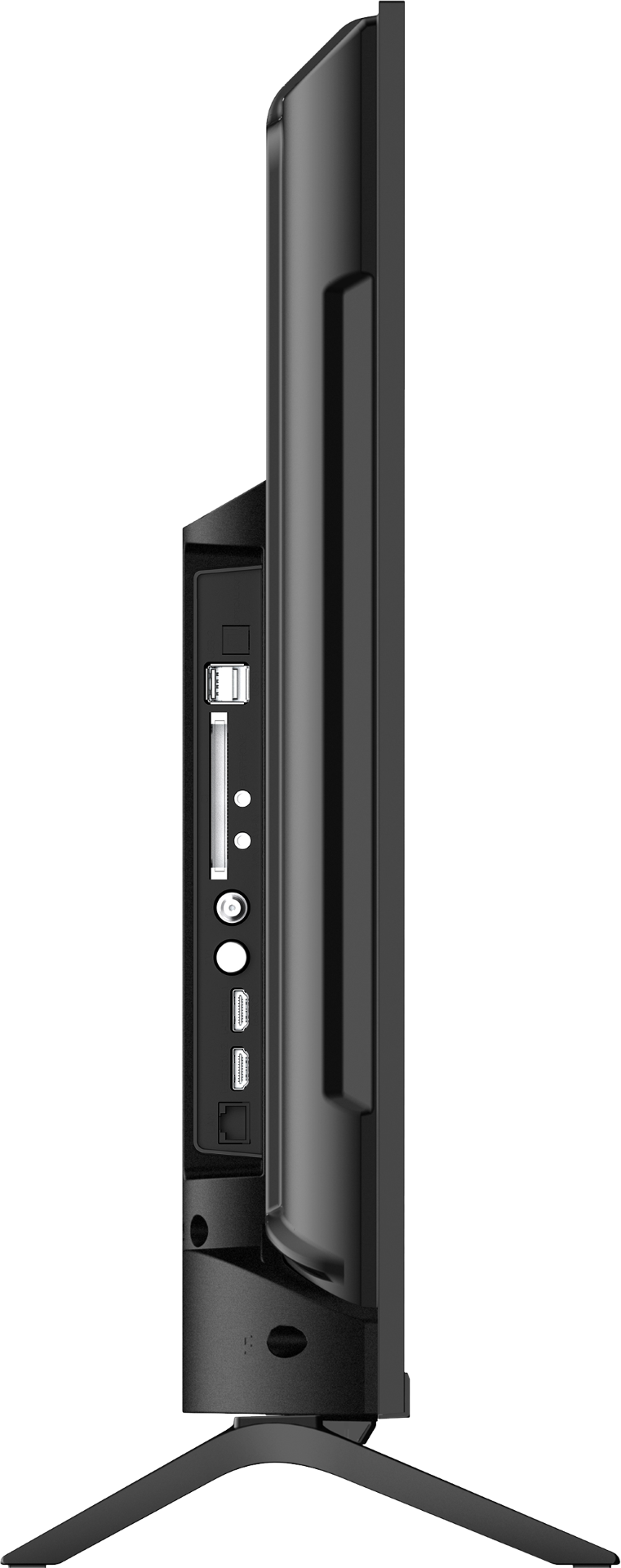 Czarny telewizor z boku. Widoczne porty i podstawka. Tło jest czarne.