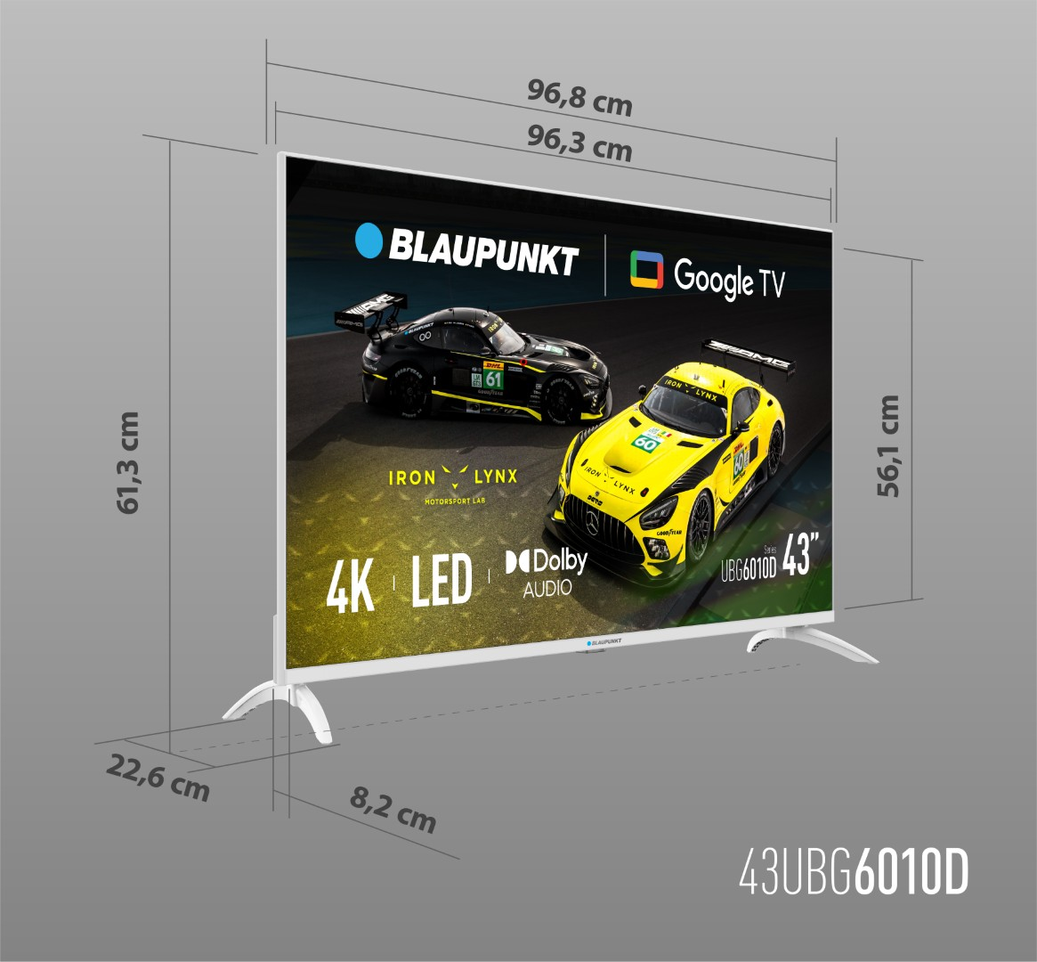 Telewizor Blaupunkt 43" wyświetla samochody wyścigowe. Cechy: 4K LED, Dolby Audio. Wymiary: 96,8 cm x 61,3 cm.