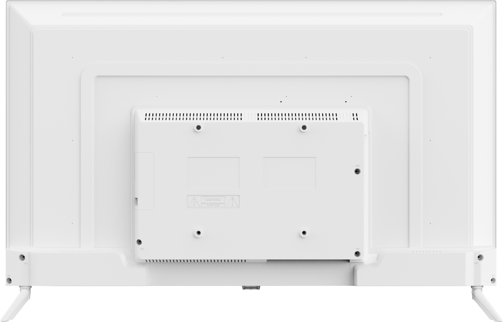Biały tył telewizora. Posiada centralny prostokątny panel z kilkoma otworami na śruby i szczelinami wentylacyjnymi. Stojak jest biały.
