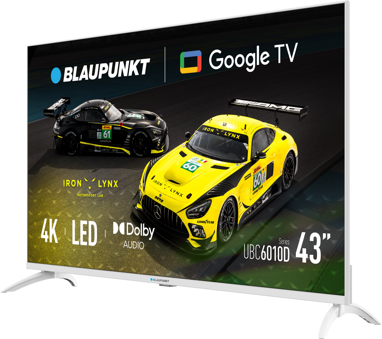Telewizor wyświetla dwa samochody wyścigowe. Jeden jest czarny, drugi żółty. Telewizor ma logo Blaupunkt i Google TV.