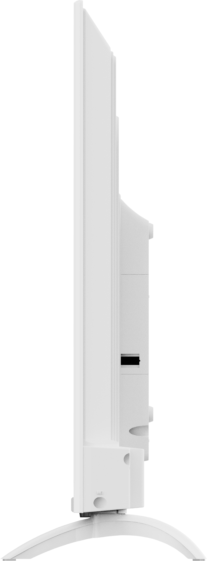 Widok z boku białego telewizora. Ma prostokątny ekran, podstawę i kilka portów z tyłu.