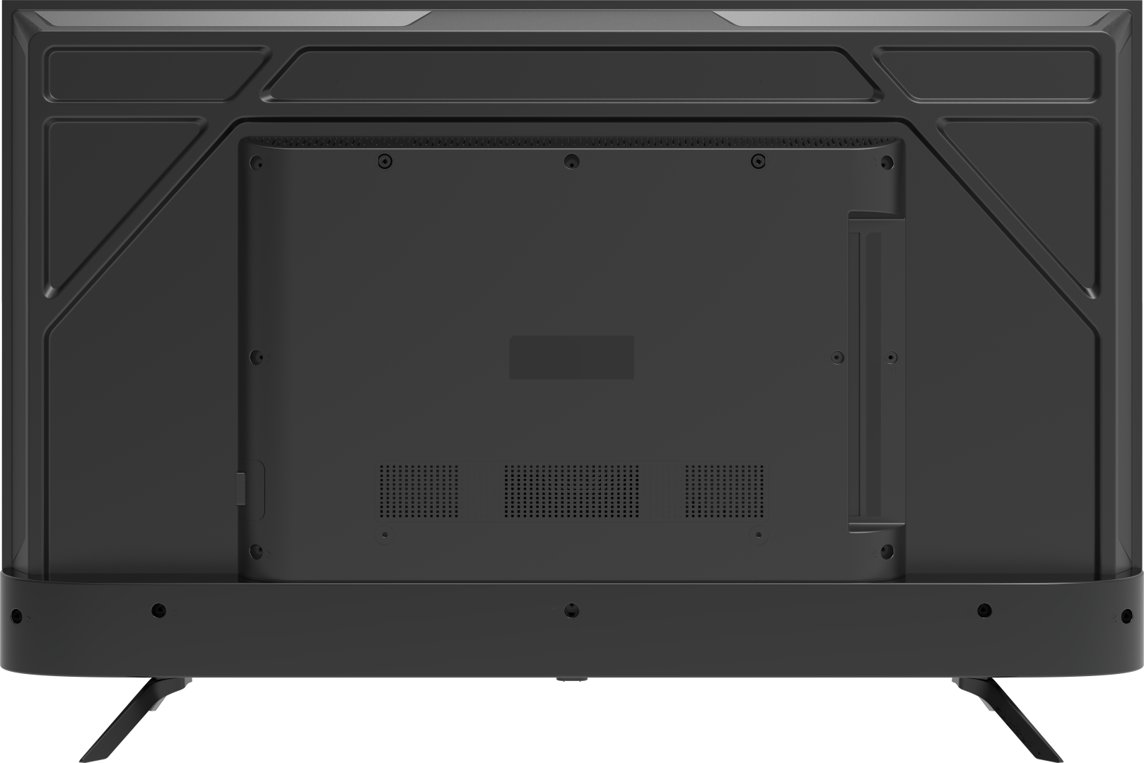 Tył czarnego telewizora. Ma matowe wykończenie z kilkoma otworami wentylacyjnymi, śrubami i centralnym panelem. Dwie stopy podtrzymują dół.