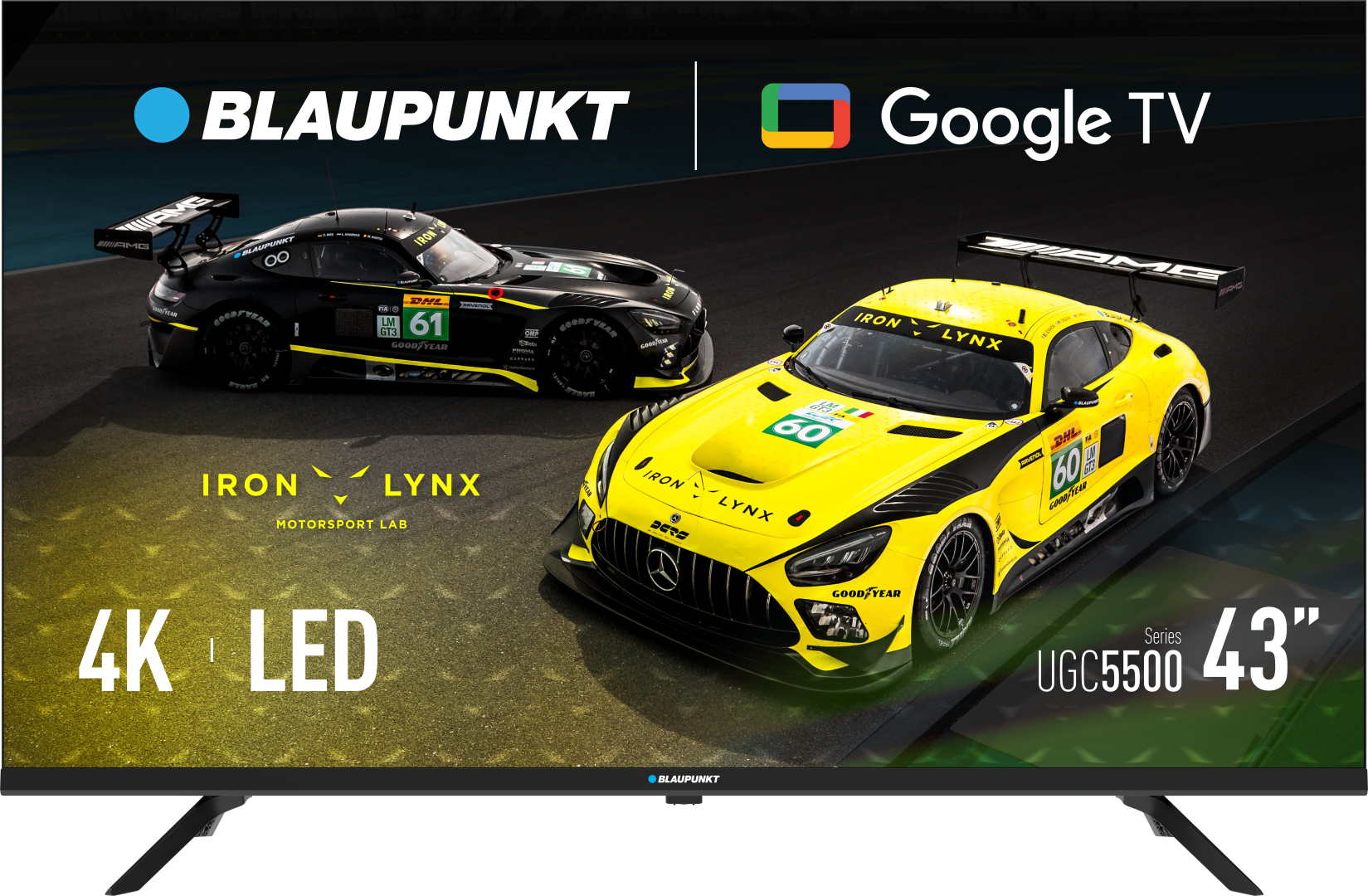 Dwa samochody wyścigowe, czarny i żółty, na torze, z logo Blaupunkt i Google TV. Ekran telewizora 43" wyświetla scenę.