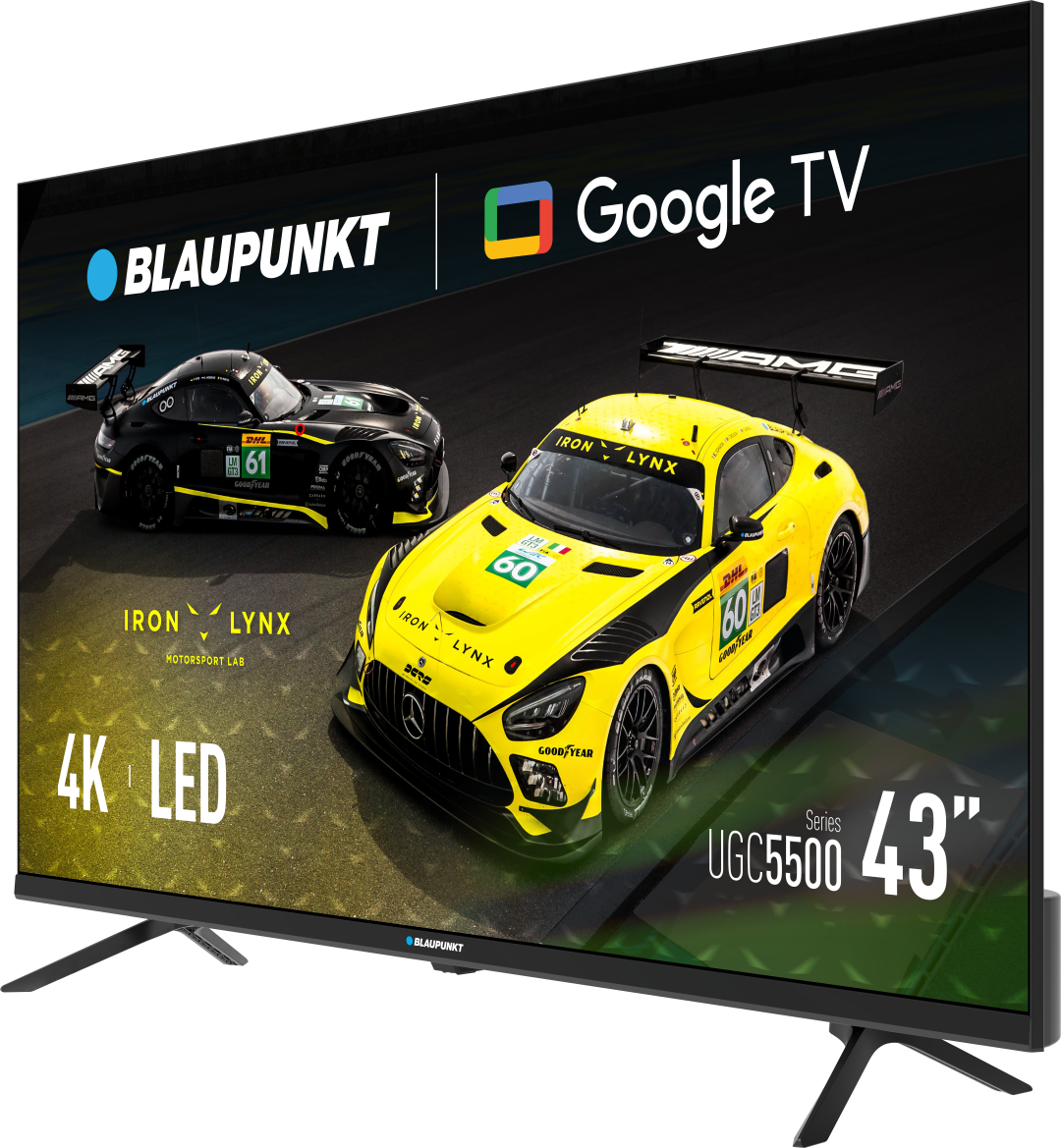 Telewizor Blaupunkt 43" wyświetla dwa samochody wyścigowe: żółto-czarny i czarny. Widoczne jest logo Google TV.