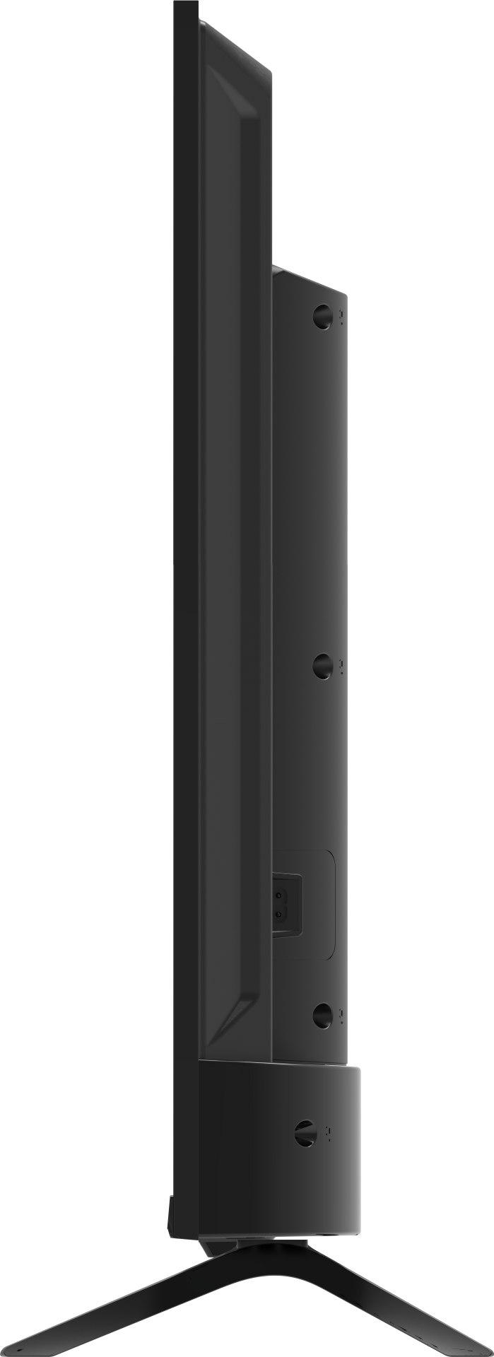 Widok z boku czarnego telewizora. Ma grubą ramę, porty i podstawę. Tło jest czarne.