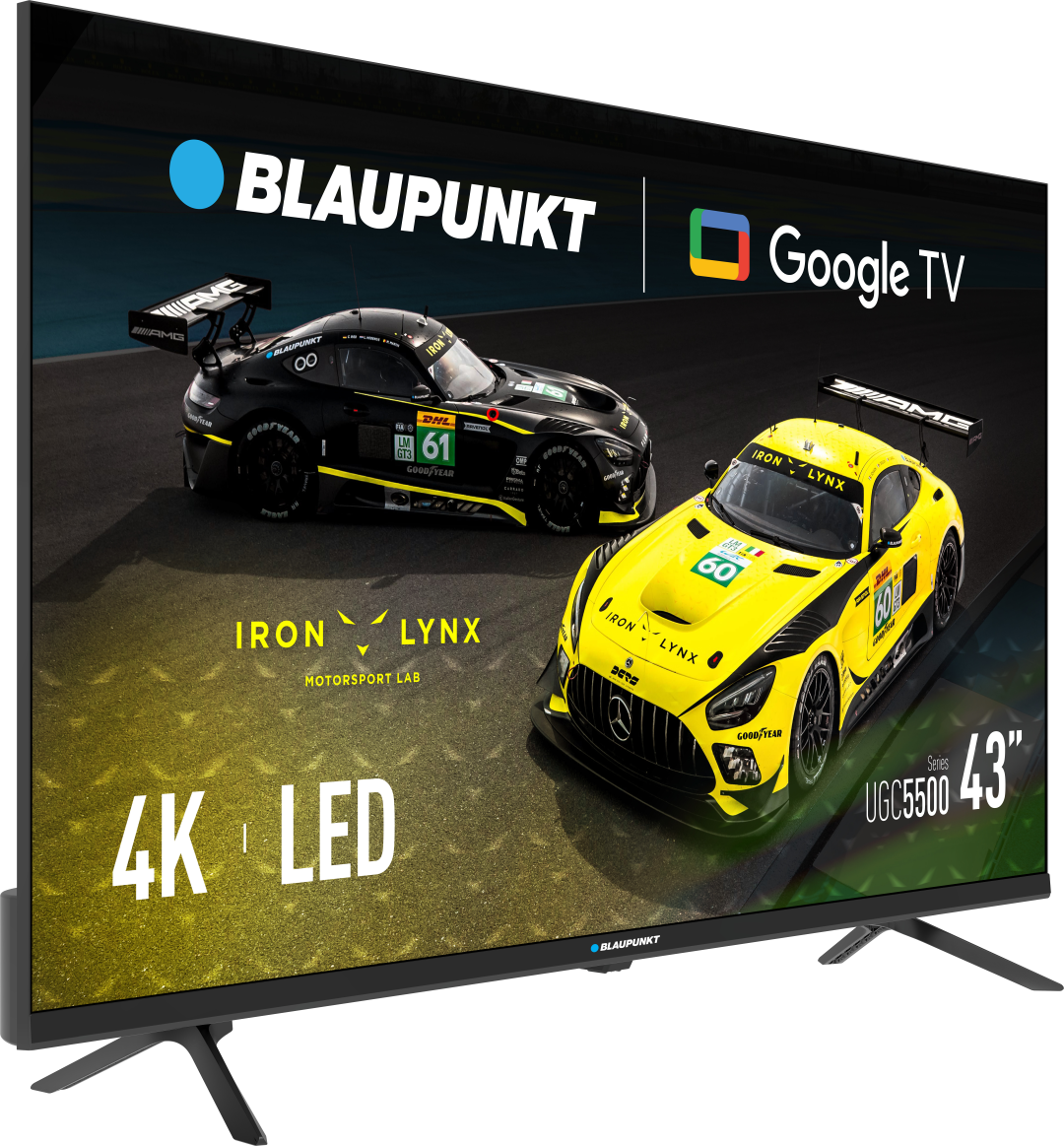 Telewizor Blaupunkt 43" wyświetla dwa samochody wyścigowe. Jeden jest czarny, drugi żółty. Ekran pokazuje logo Google TV.